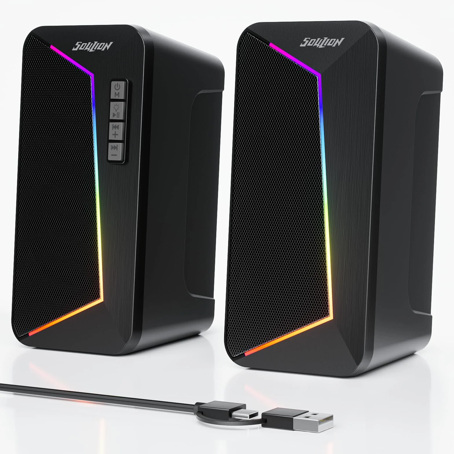 SOULION Altavoces para PC, alimentación USB-C/USB, iluminación LED, 1 par | con control de volumen, altavoces de escritorio con modo USB/Bluetooth para teléfonos, Tablet y monitores, Negro