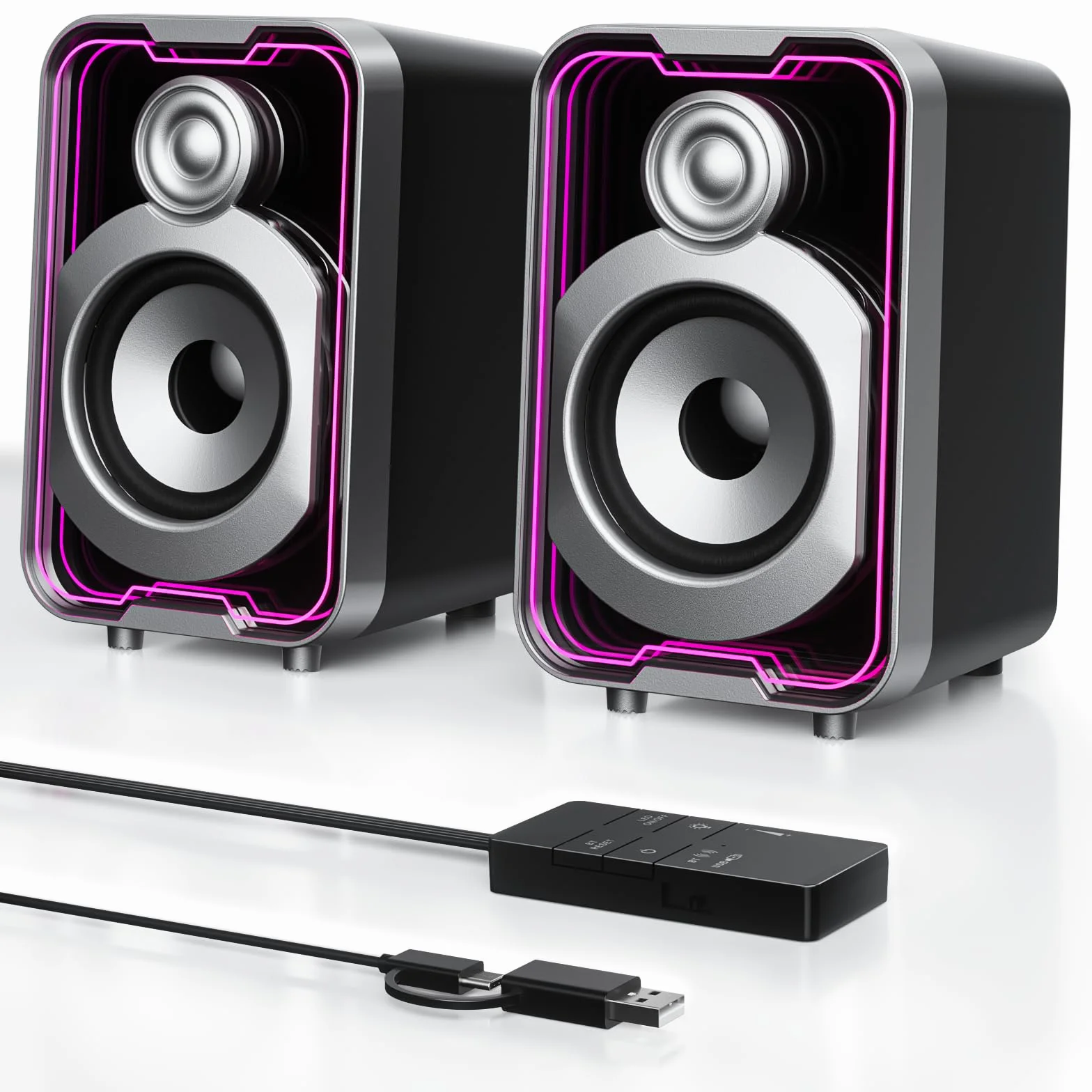 SOULION C40 Altavoces PC Bluetooth USB para Ordenador, Portátil, Gaming | Altavoz Estéreo 2.0, Entrada USB-C, Iluminación LED de Colores, 1 par