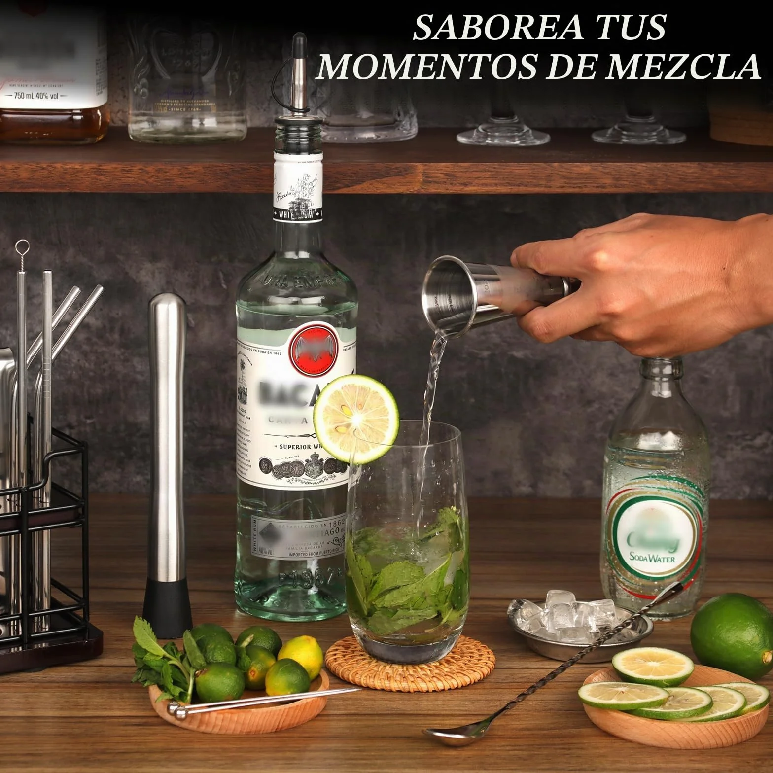 Boston coctelera Kit Completo de 20 Piezas con Soporte, Cocktail Shaker en Acero Inoxidable de 825 ml