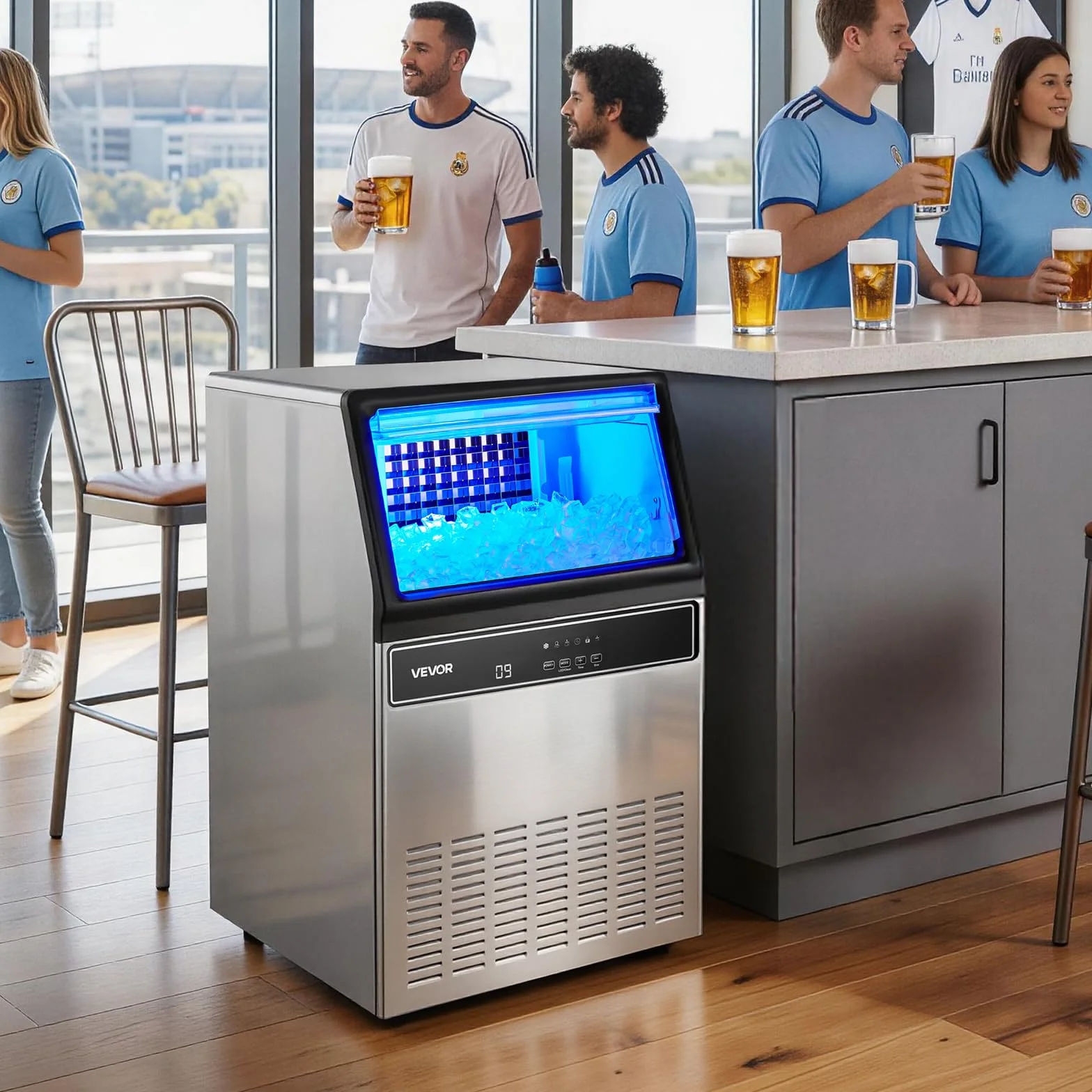 VEVOR Máquina para Fabricar Hielo 54,4 kg/24 h 15 kg Acero Inoxidable Encimera Pantalla LED