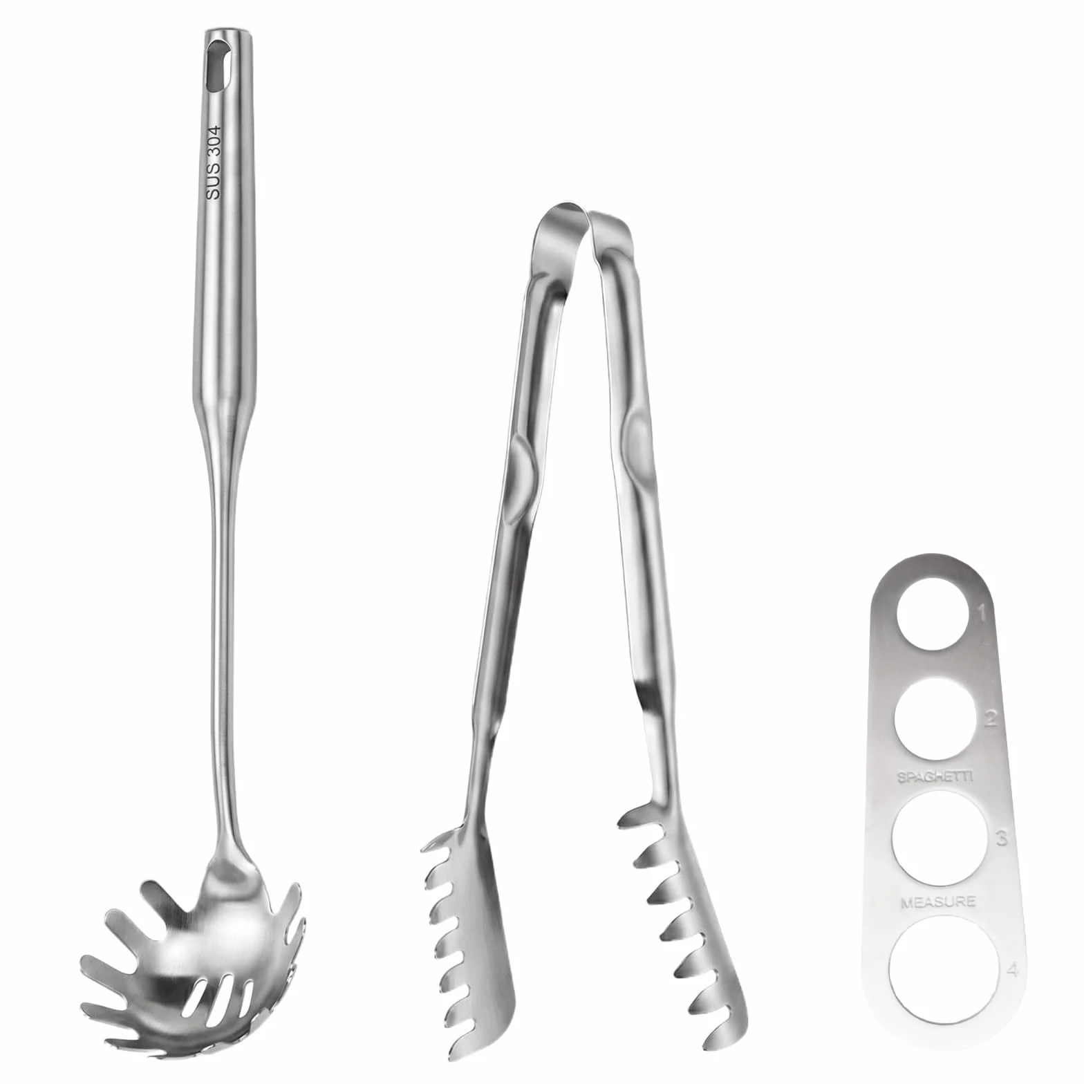 Juego de 3 Utensilios para Pasta de Acero Inoxidable 304 - Cuchara para Espaguetis, Pinzas Dentadas y Medidor de Raciones