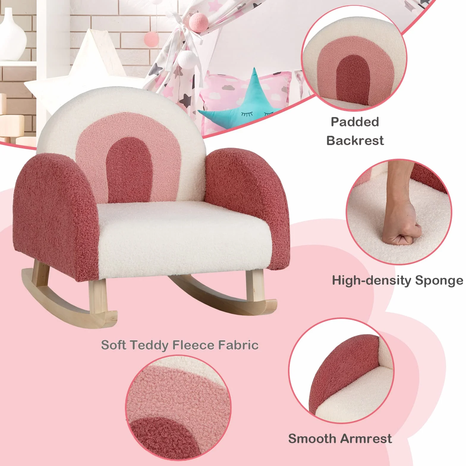 LIFEZEAL Sillón Infantil Mecedora para niños 3-5 años, Asiento Patas Madera Álamo, Antivuelco Rojo