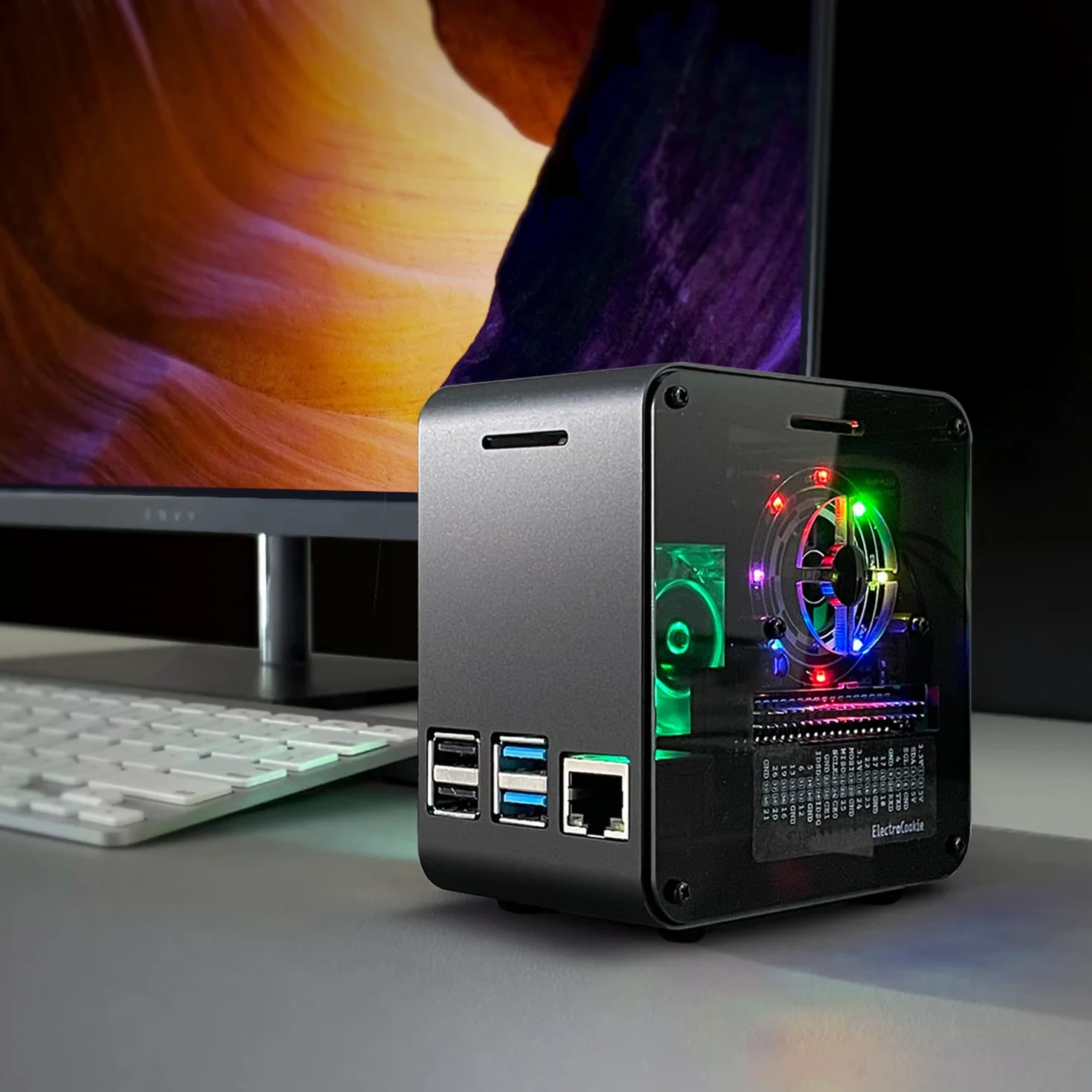 Funda ElectroCookie Raspberry Pi 4, minitorre de aluminio con ventilador de refrigeración y luz ambiental que cambia de color (negro mate y gris oscuro)
