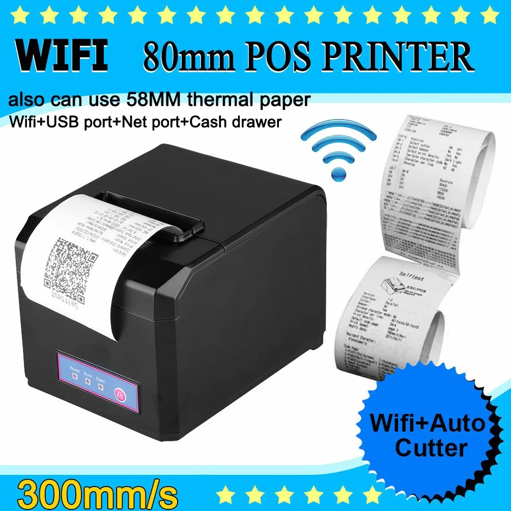 EXCELVAN Impresoras inalámbricas de Matriz WiFi 300mm/seg 80 mm Auto-Cut Impresora térmica Dot ESC/POS Wireless Thermal Receipt Impresora USB WiFi