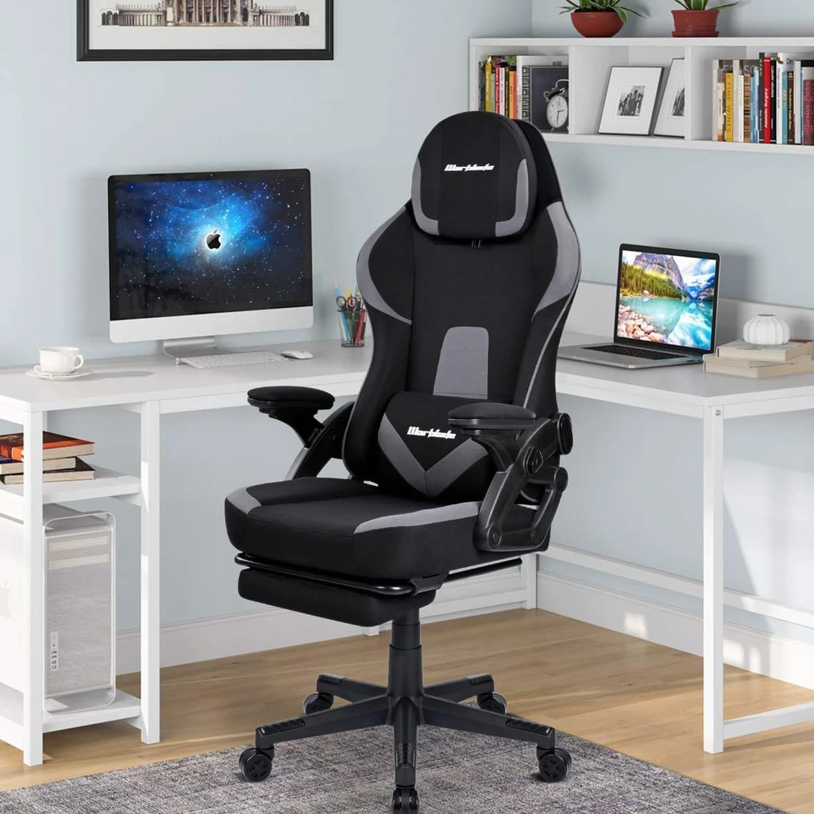 Silla Gamer Ergonómica de Tela Transpirable y Antimanchas, Reposabrazos Abatibles, con Reposapiés, Altura Regulable, Respaldo Abatible (Negro/Gris)