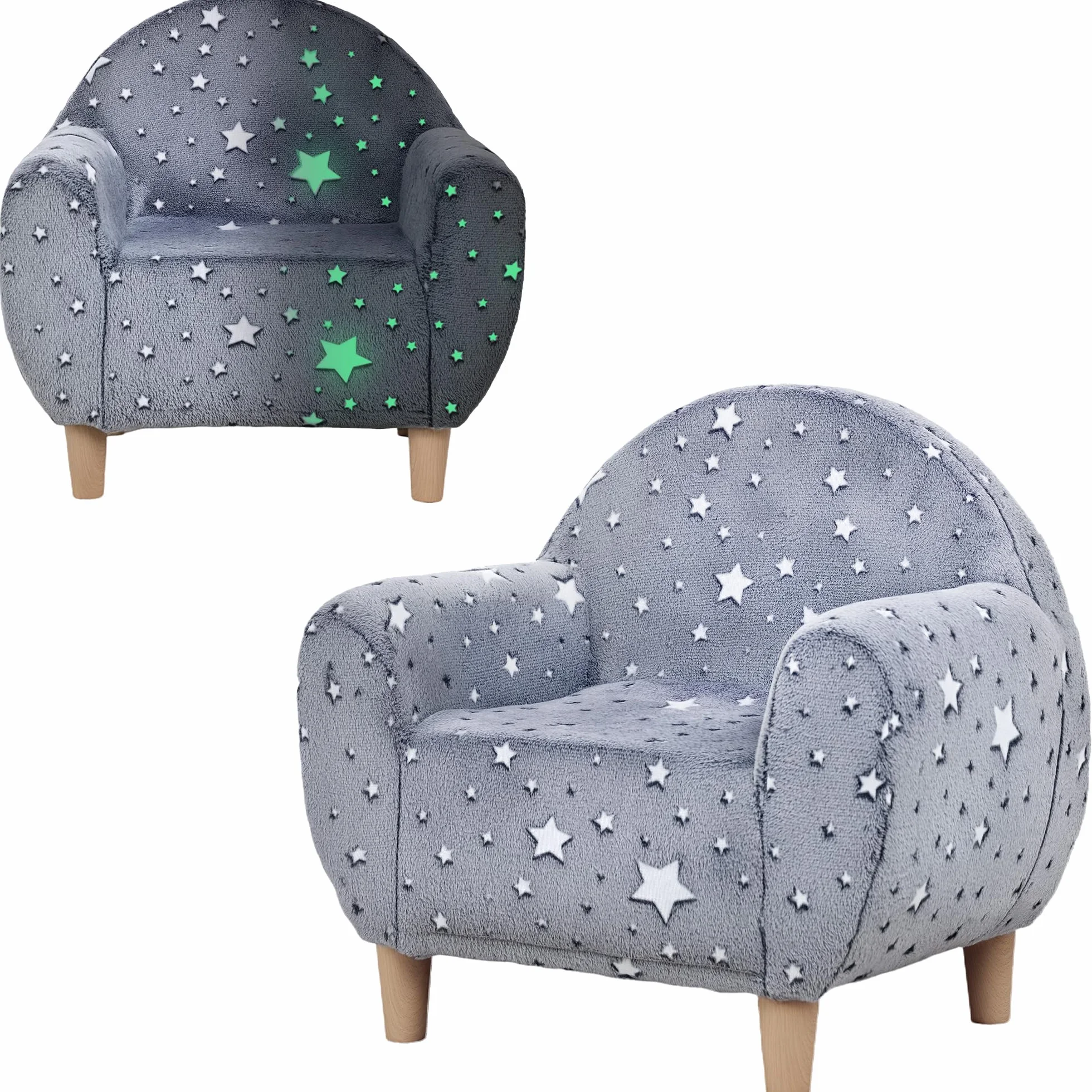 AIYAPLAY Sillón Infantil con Reposabrazos Estrellas Brillan Oscuridad Sofá Niños 18-36 Meses Terciopelo 45 kg Gris