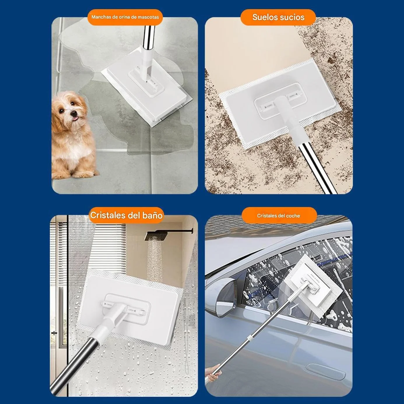 Mopa Desmontable 100 cm Limpieza Sin Manos Incluye 4 Trapos Microfibra Fregona Suelos Madera Baldosas Baño