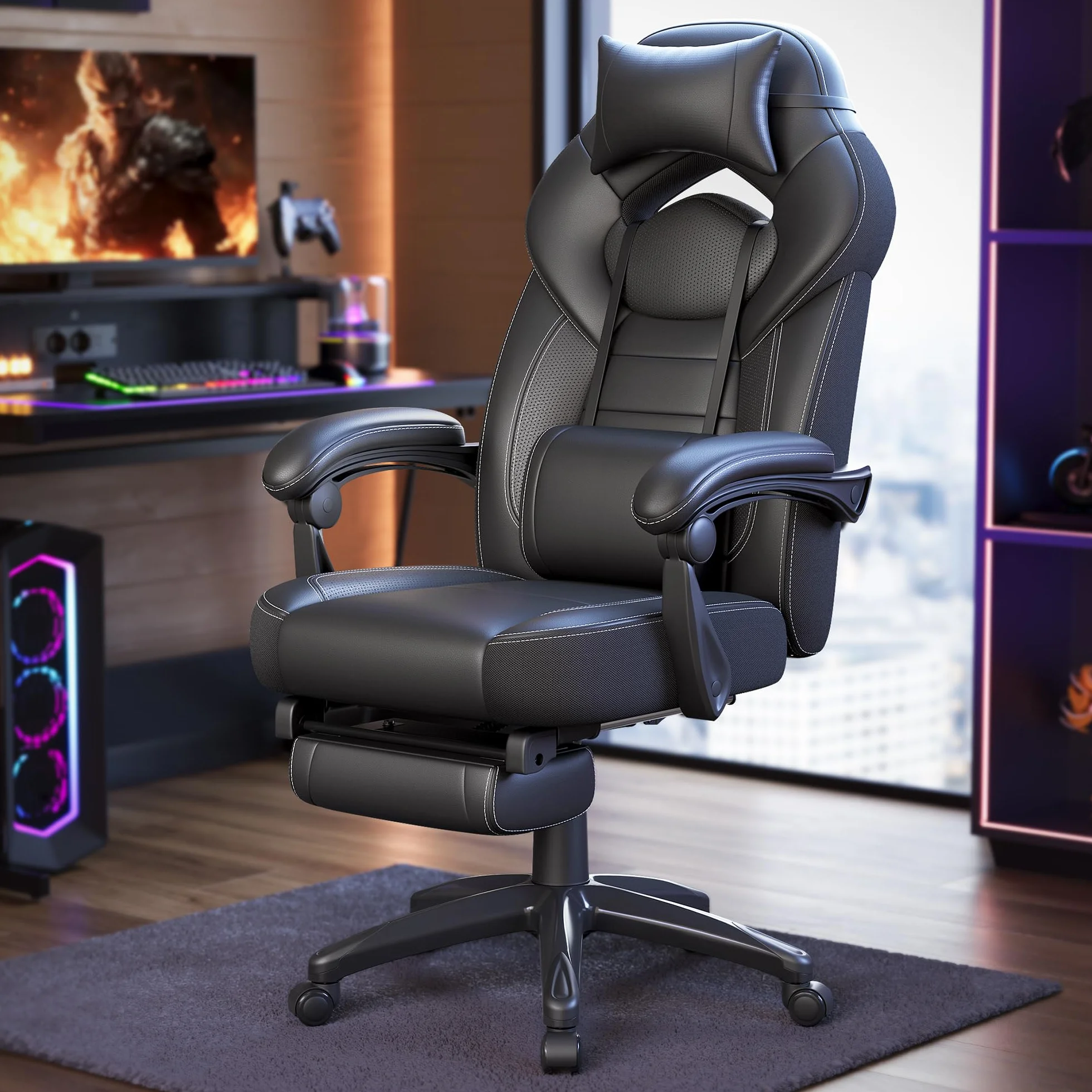 SONGMICS Silla Gaming Ergonómica con Reposapiés y Reposacabezas Ajustable, 150 kg, Negro