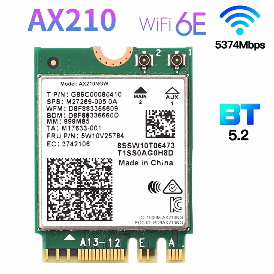 Wi-Fi 6E AX210 Tarjeta InaláMbrica 2400Mbps Bluetooth 5.2 Kit de Escritorio 802.11Ax 2.4G/5Ghz/6Ghz AX210NGW, con Antena 10DBi