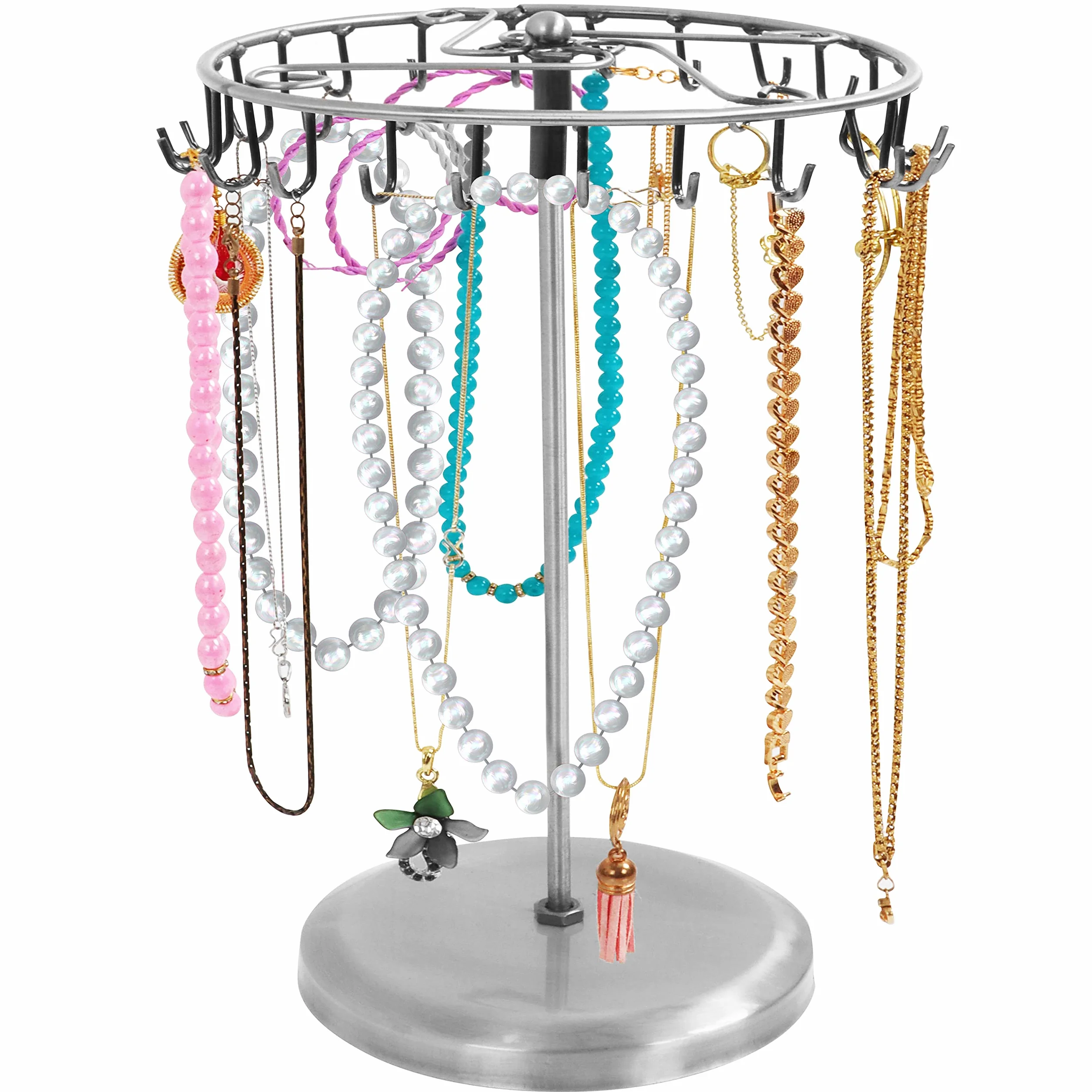 BELLE VOUS Expositores de Bisuteria Giratorio de Metal Plateado (23 Ganchos) – 34,8 x 20,5 cm – Torre Colgador Collares, Brazaletes, Anillos y Pendientes - Cuelga Collares de Mesa