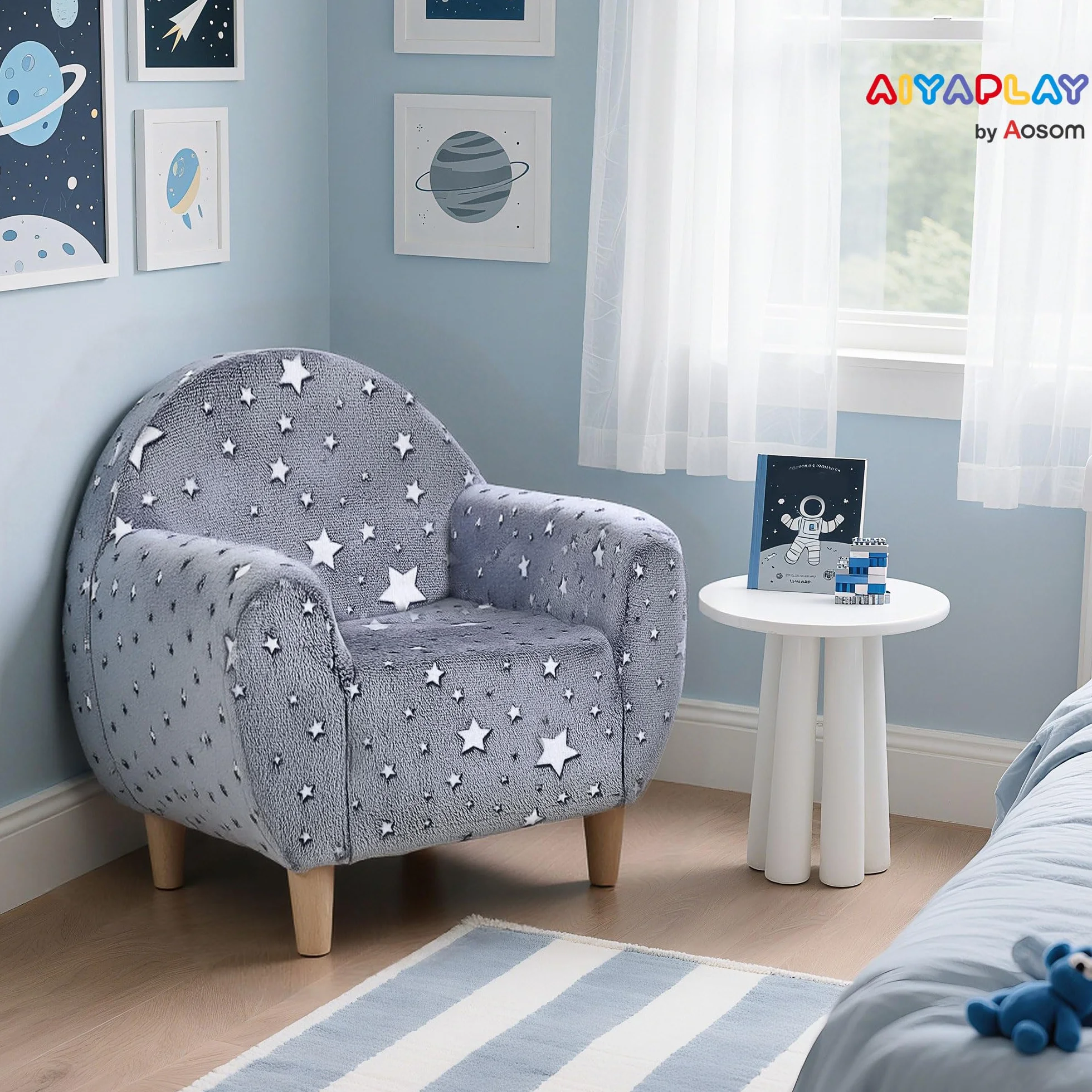 AIYAPLAY Sillón Infantil con Reposabrazos Estrellas Brillan Oscuridad Sofá Niños 18-36 Meses Terciopelo 45 kg Gris