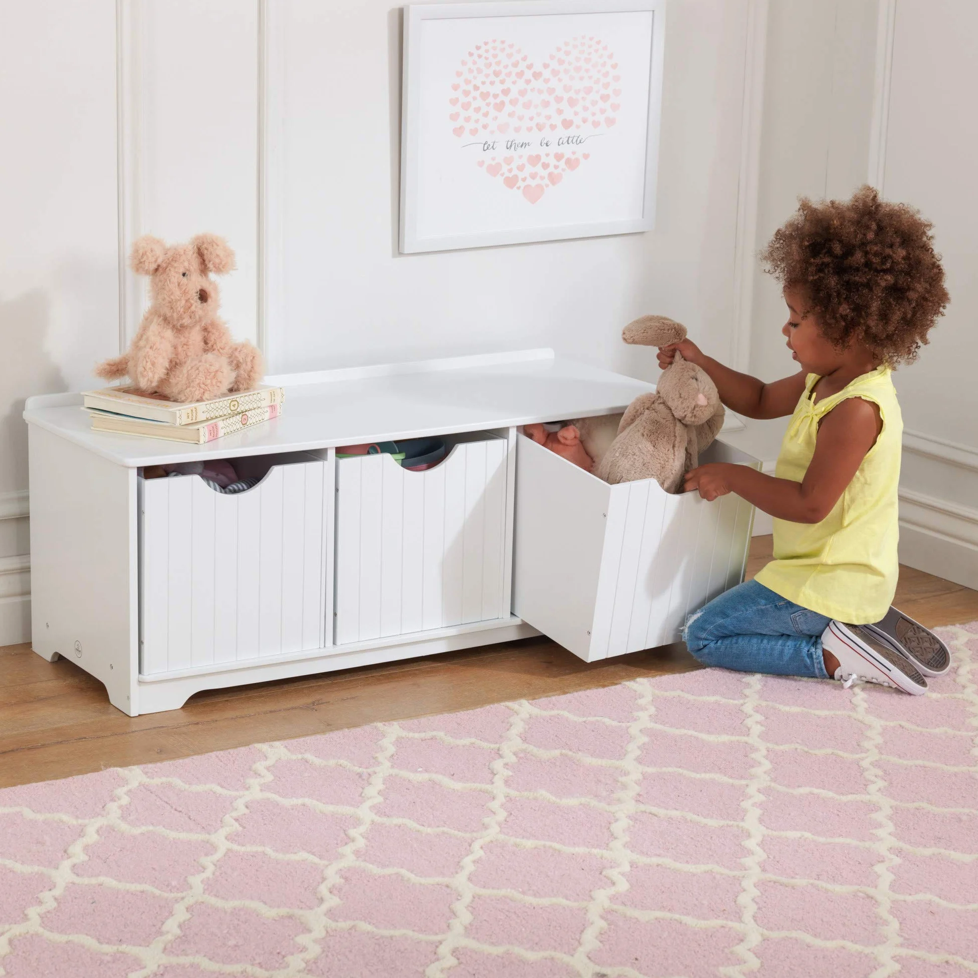 KidKraft Nantucket Blanco Banco de Almacenamiento Infantil con 3 Cajas Organizador de Juguetes Muebles para Sala de Juegos