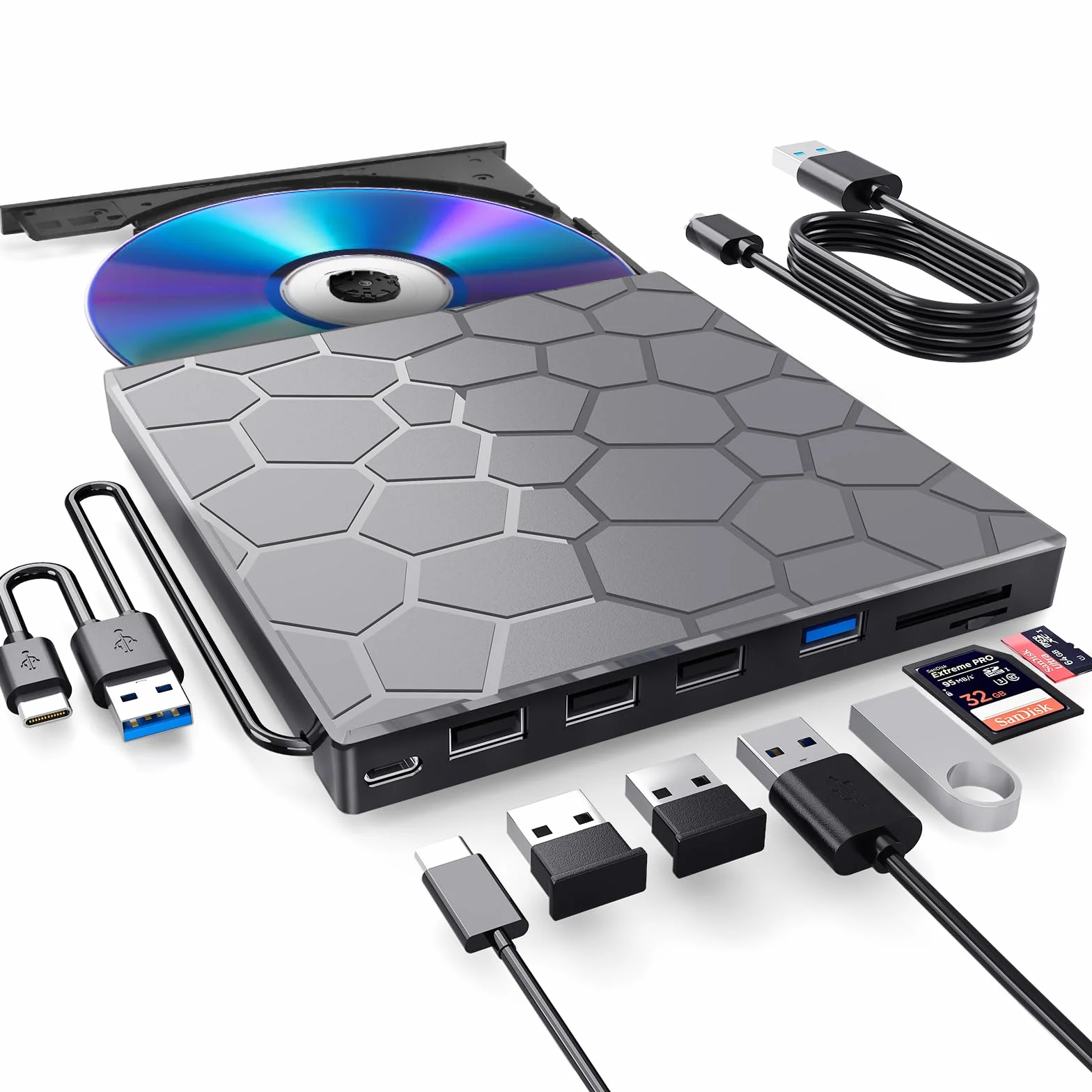 Unidad externa de CD/DVD para laptop, reproductor de DVD para laptop, 8 en 1 USB 3.0 ultradelgada, portátil, grabadora de CD, unidad de disco externa óptica compatible con Mac de escritorio, Windows