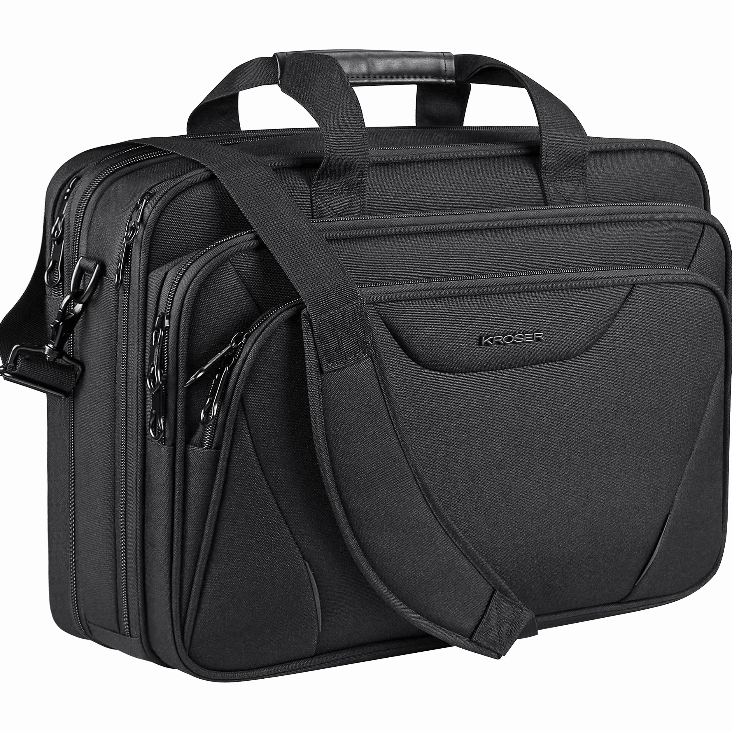 KROSER Maletín para portátil para portátil de hasta 17.3 pulgadas para portátil de 17.3 pulgadas, expandible repelente al agua, bolsa de mensajero para viajes, negocios, escuela，Negro