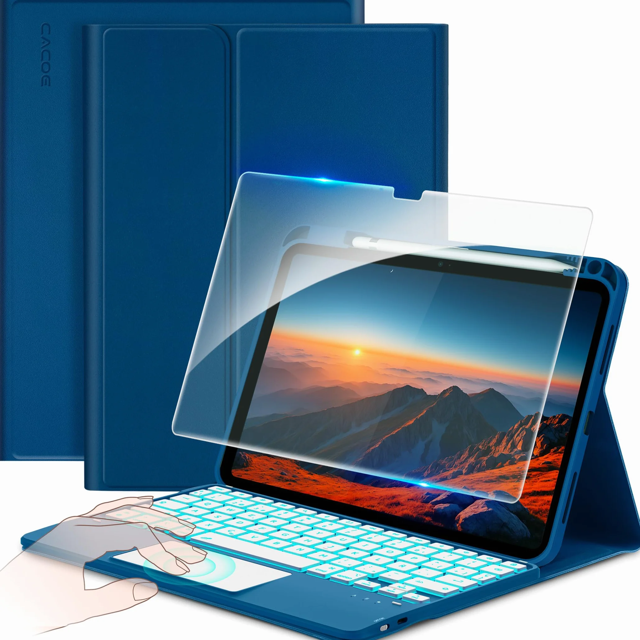 CACOE Funda con Teclado para iPad 11.ª Gen (A16) / 10.ª Generación (11/10.9 Pulgadas) 2025/2022, con Touchpad, Iluminación de 7 Colores, Magnético Desmontable Bluetooth, Azul Océano