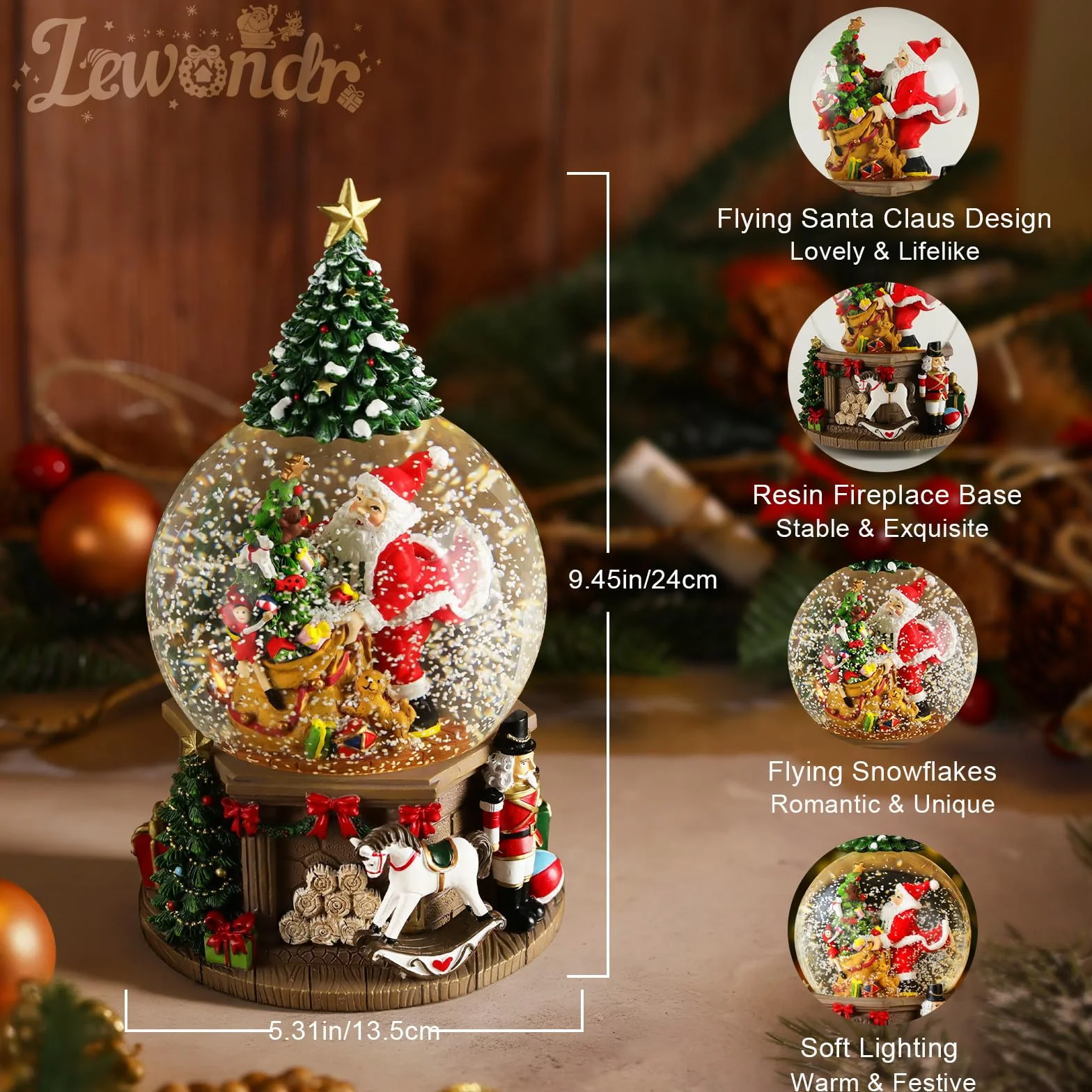 Lewondr Globo de Nieve Navideño, Caja de Música Eléctrica Reno con Chimenea y Papá Noel, Decoración de Navidad