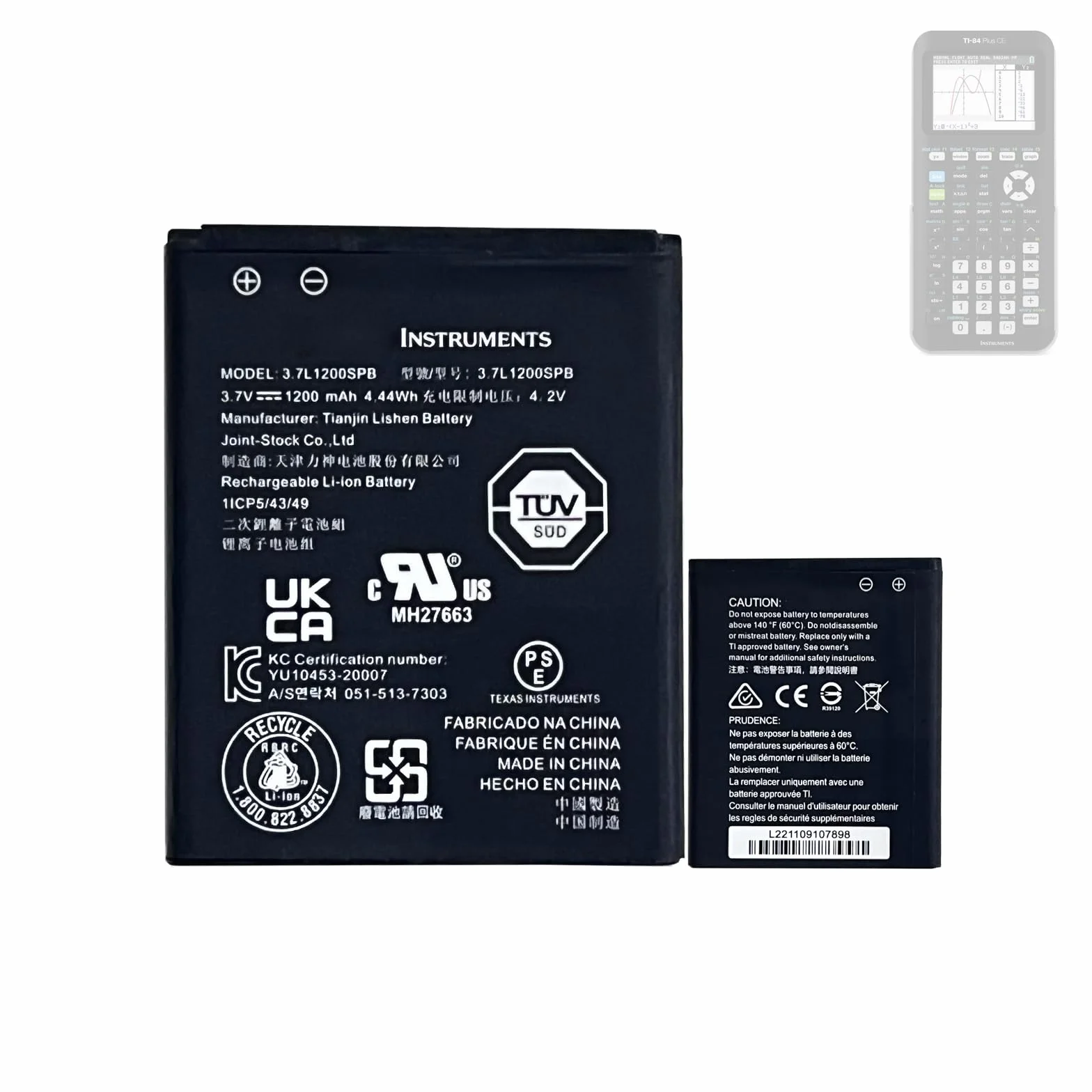 Batería de repuesto 3.7L1200SPB compatible con Texas Instruments TI-Nspire CX, TI-84 CE, TI-84 Plus CE