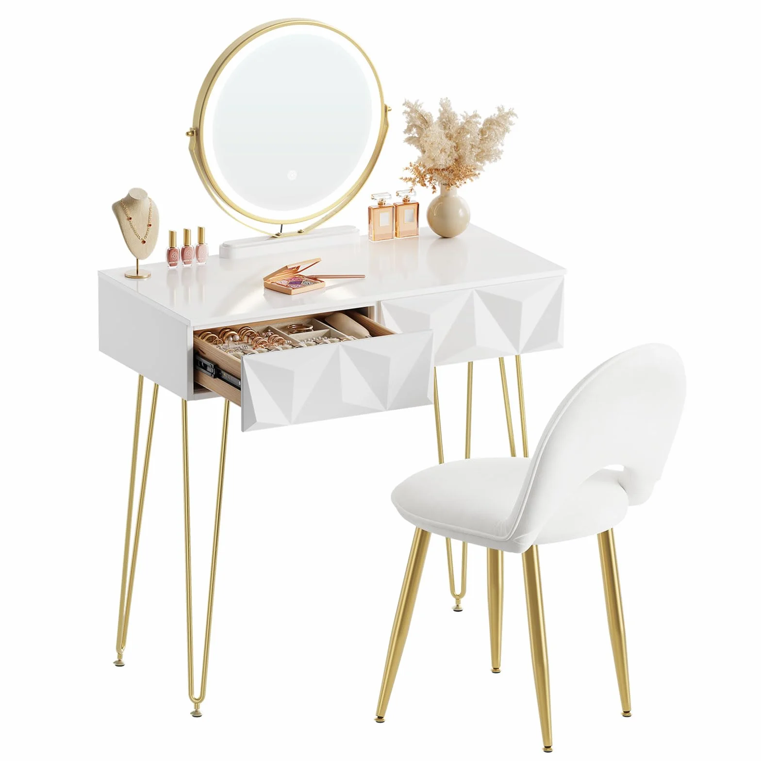 EUGAD Tocador de Maquillaje con Luz y Taburete, Conjunto de Tocador con Espejo con Silla Terciopelo, con 2 Cajones, Blanco + Dorado, 0056SZT