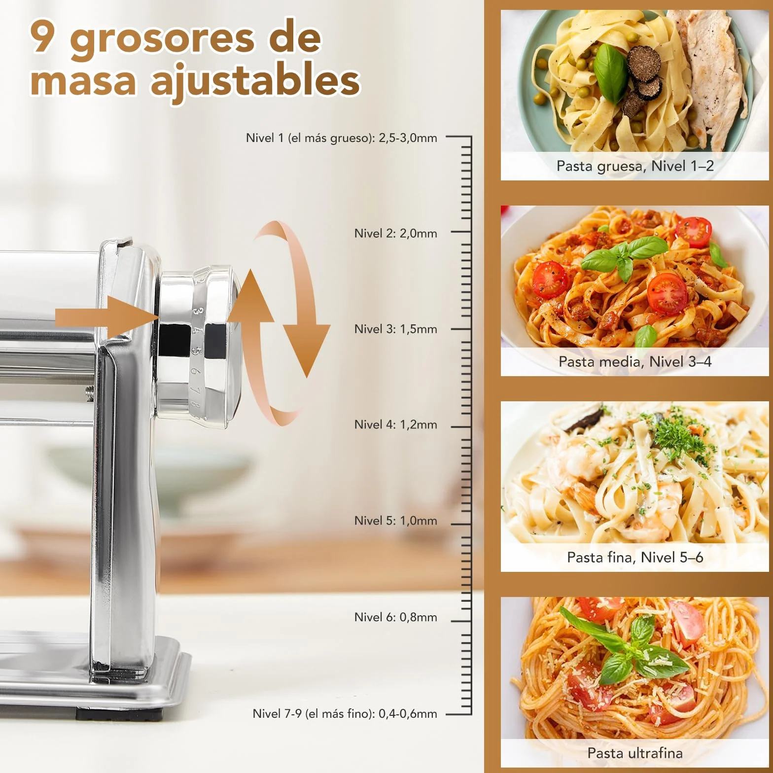 ROSSETTO Máquina de pasta manual acero inoxidable 9 grosores 2 anchos corte lasaña espaguetis fettuccine raviolis