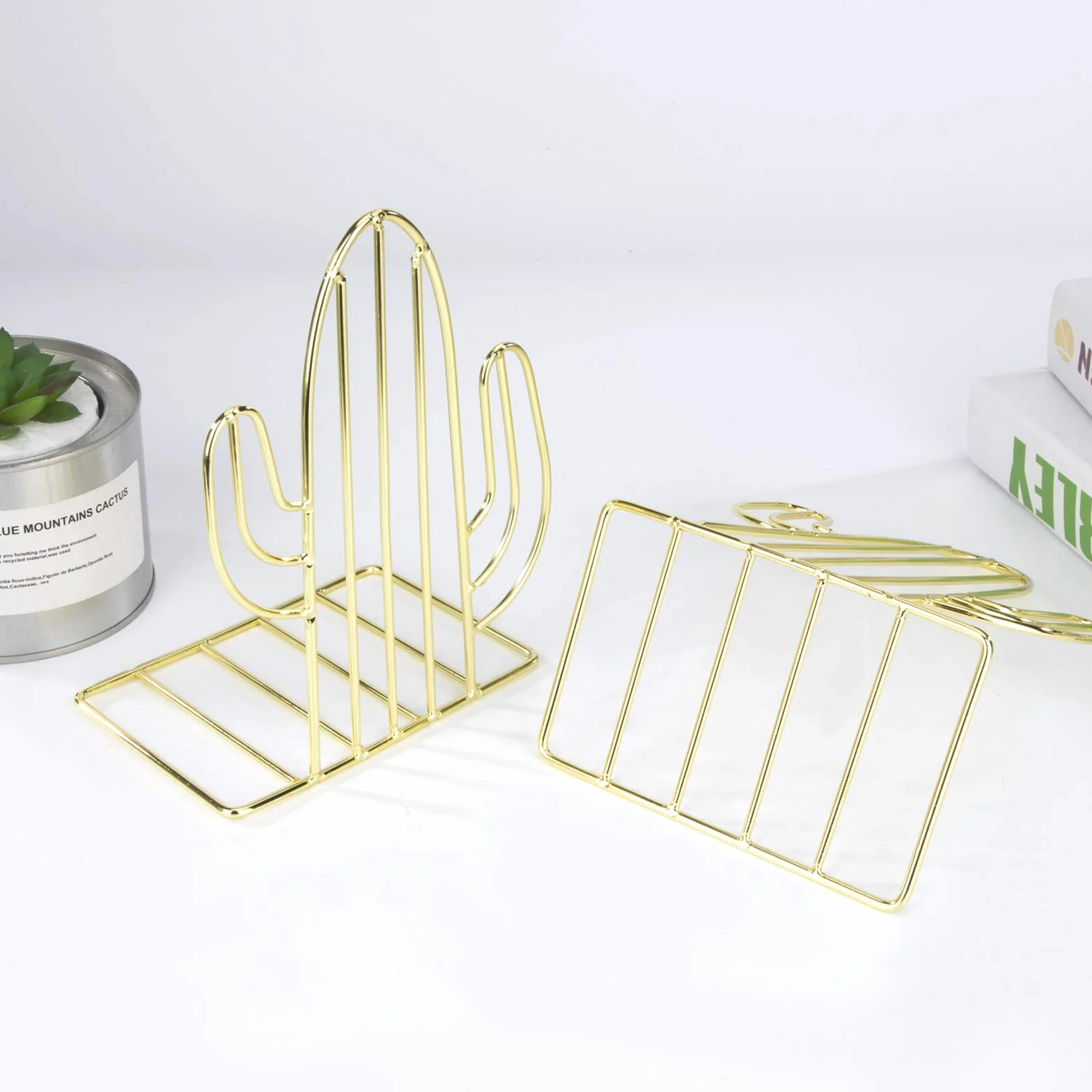 Sujetalibros de Metal Cactus Soporte Hierro Antideslizante 2 PCS Oro