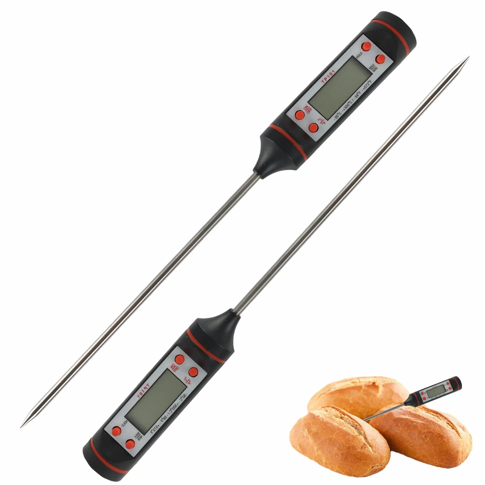 2 termómetros de cocina digital con sonda para barbacoa, carne, filete, pavo, vino y jalea, gran pantalla lcd, amplio rango de medición, apagado automático, entre - 50 ° C y + 300 °