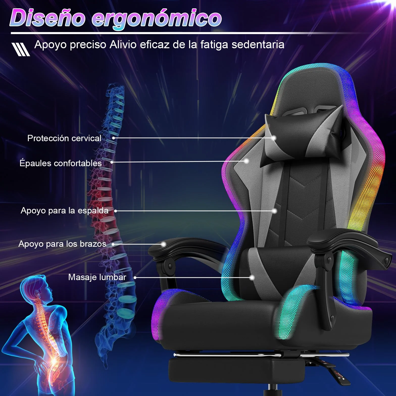 Devoko Silla Gaming con Masajeador y LED Ergonómica Oficina Reposapiés Iluminación RGB (Gray)