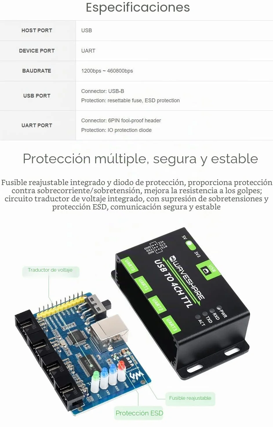 Waveshare Industrial USB to 4CH TTL Converter USB to UART with Multi Protection Circuits Multi Systems Support