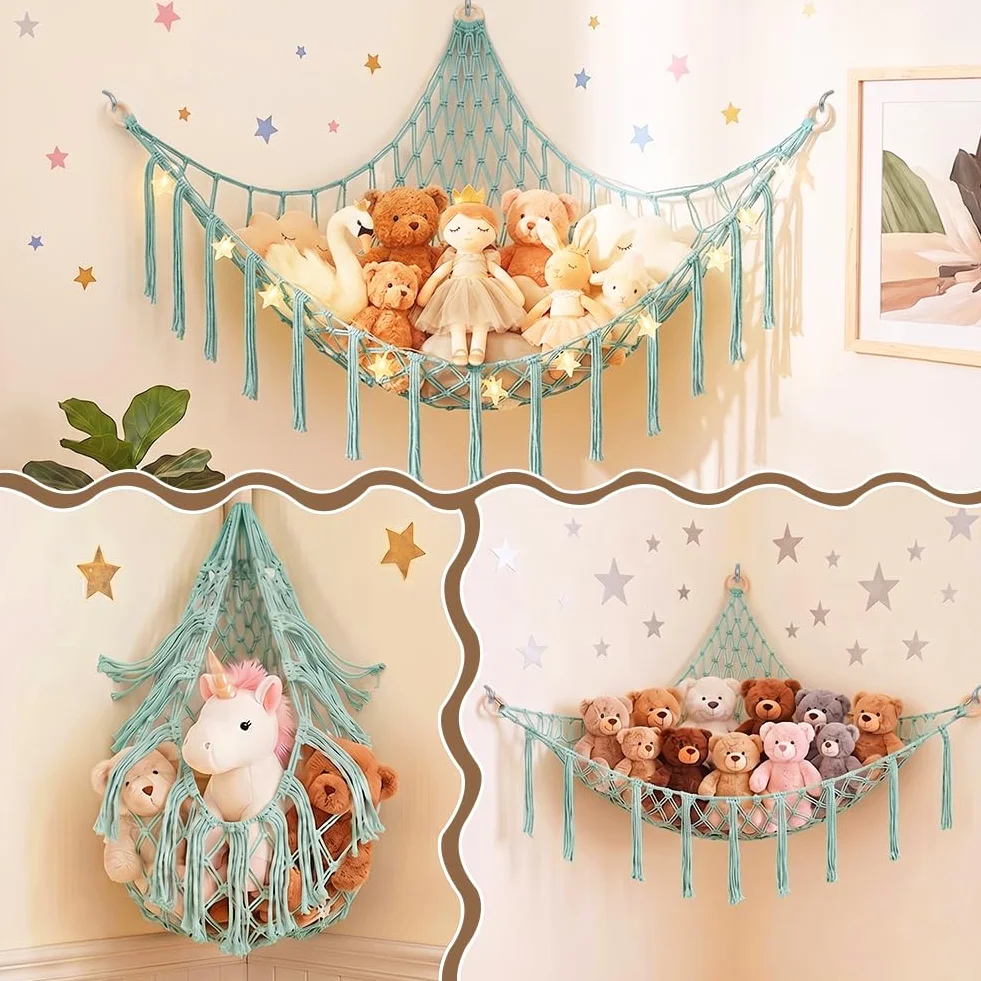 AUAUY Red de Almacenamiento de Peluche con Luces LED, Hamaca Boho Grande, Colgante Decoración Habitación Infantil Azul