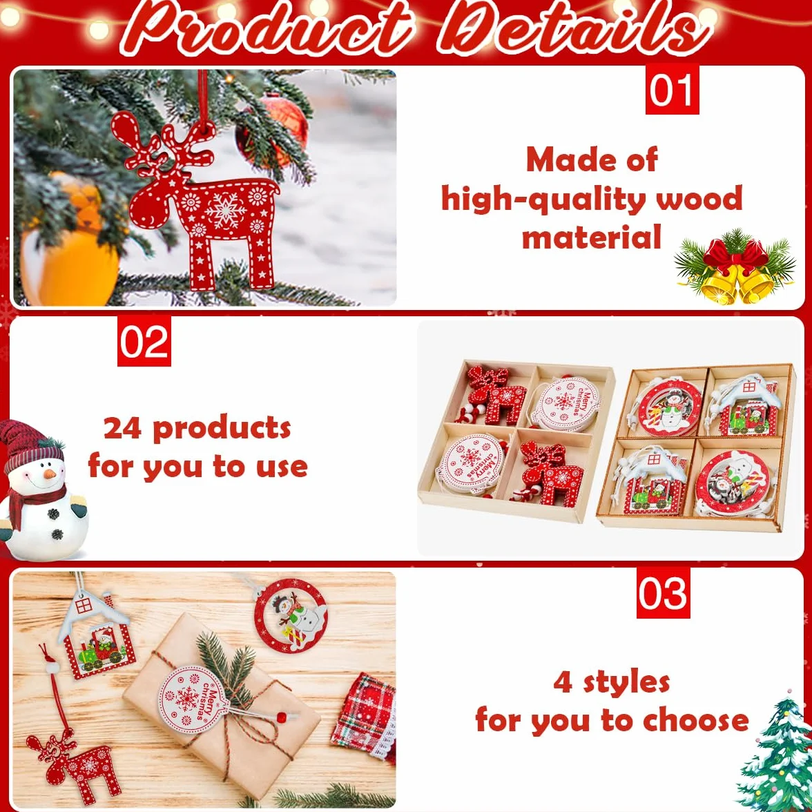 QINERSAW 24 Piezas Adornos de Madera para Árbol de Navidad con Cordel