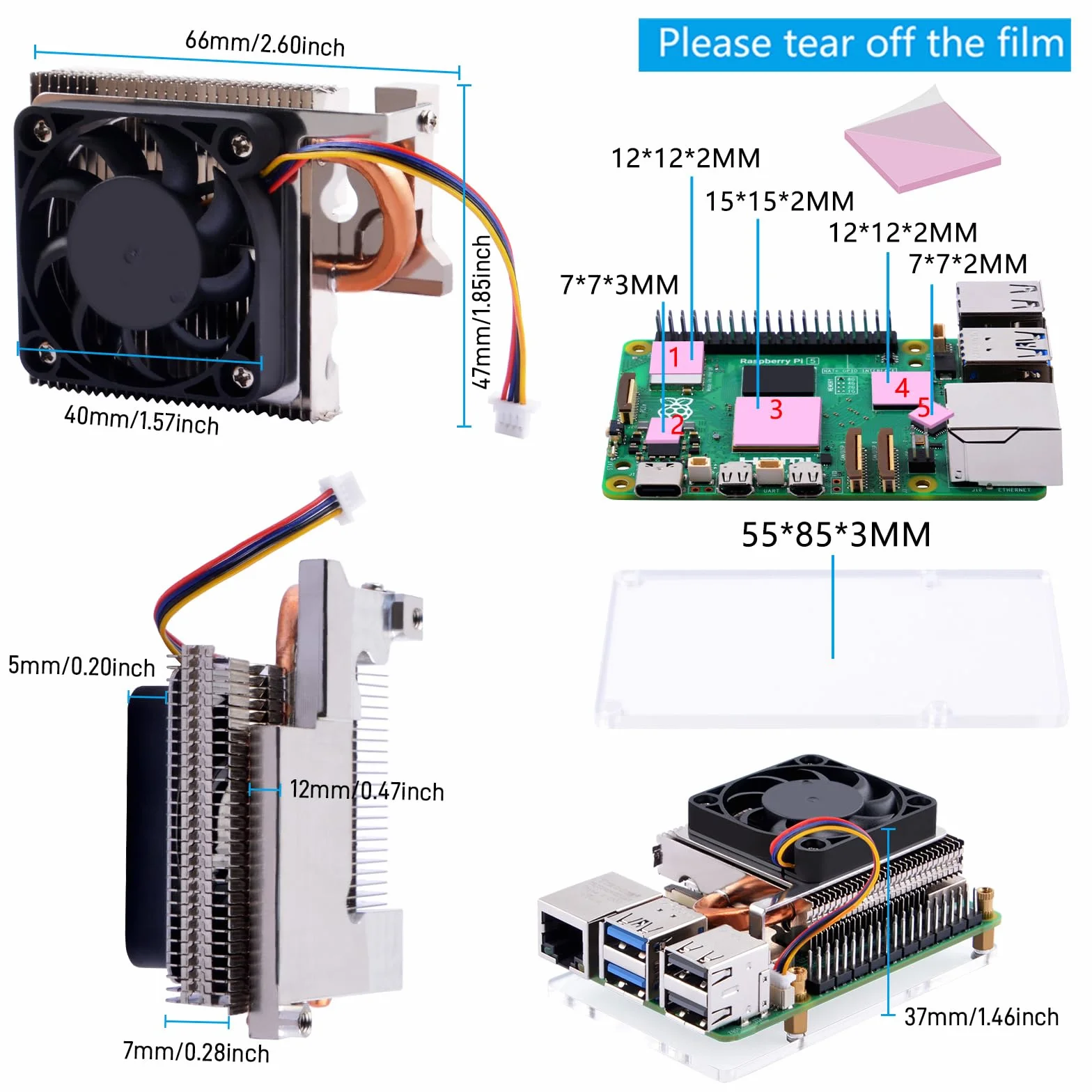 GeeekPi Ultra Thin Ice Tower Cooler para Raspberry Pi 5, radiador activo de aluminio con ventilador PWM de 40 x 40 x 7 mm para Raspberry Pi 5 4 GB/8 GB/16 GB