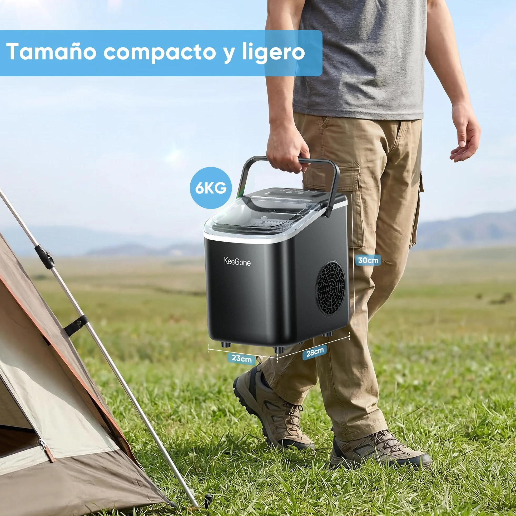 Máquina de cubitos de hielo pequeña 1,2 L 9 cubos 6 min 10 kg/24 h negro con mango portátil