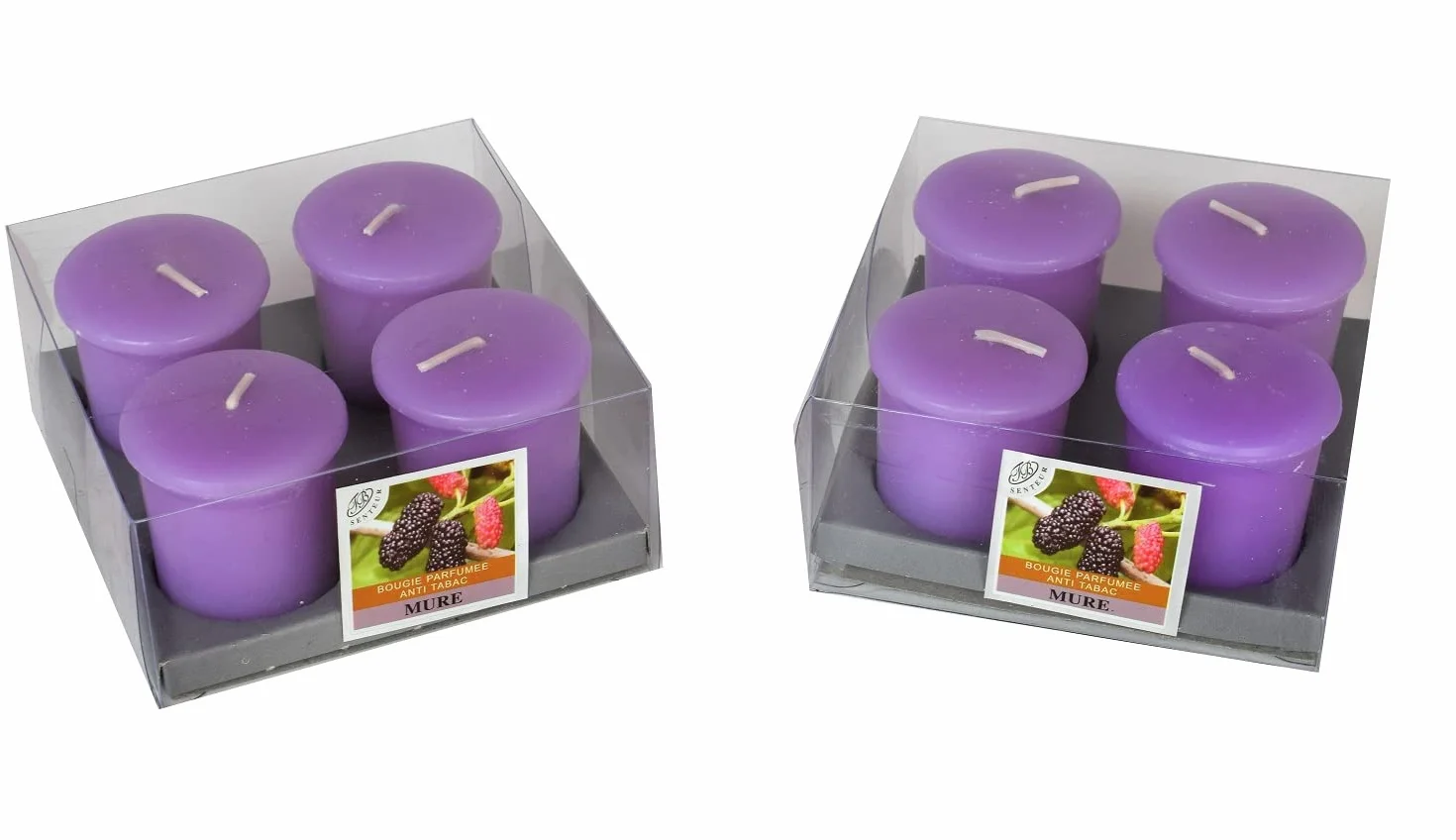 Juego de 8 Velas Votivas Decorativas Anti-Tabaco 4x6 cm Duración 10h Violeta