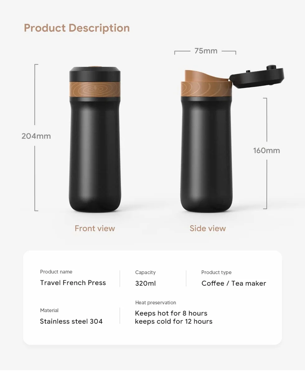 Cafetera portátil de prensa francesa 320ml acero inoxidable filtro único té café caliente/frío