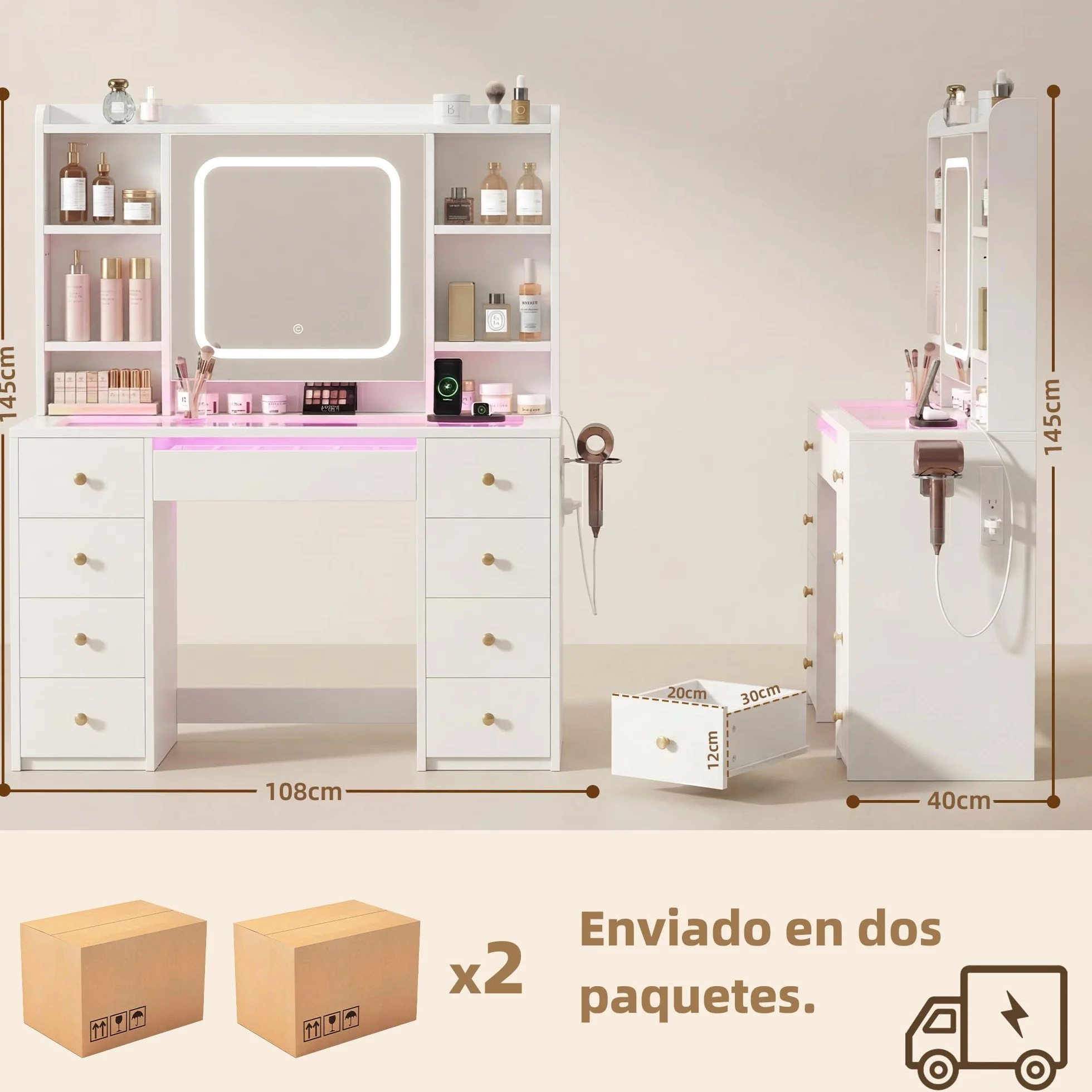 Tocador de Maquillaje con Luces LED Ajustables, Mesa con Espejo, 9 Cajones, 7 Estantes, Soporte para Secador, Blanco