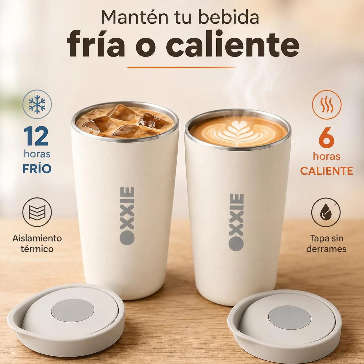 Vaso Termo Cafe 350ml Acero Inoxidable Doble Pared Taza Termica con Tapa Hermetica Reutilizable Antigoteo Beige