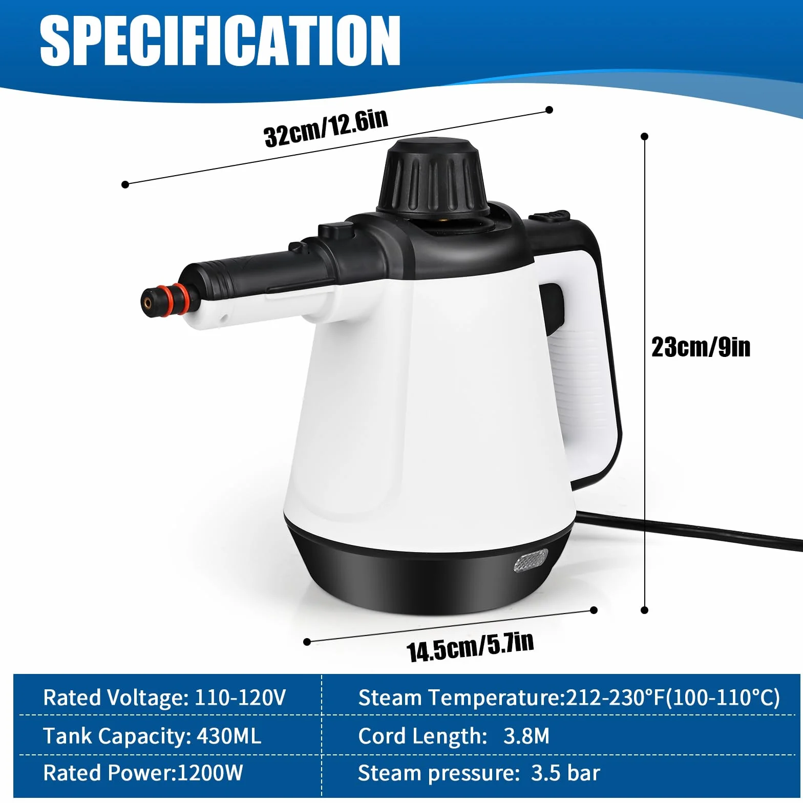 Vaporeta Limpieza Hogar 430ml 1200W 3,5 Bar 9 Accesorios