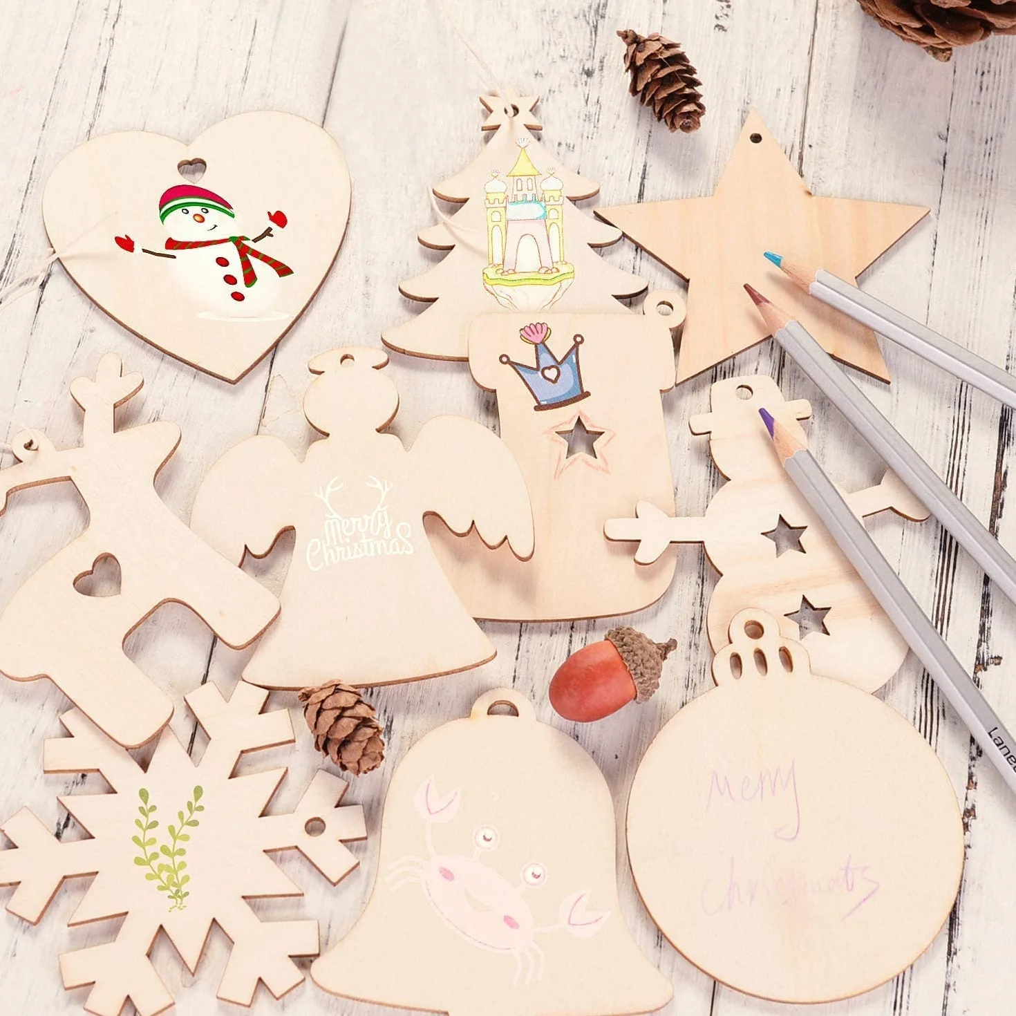 Adornos de madera para árbol de Navidad, 100 colgantes DIY con cuerda