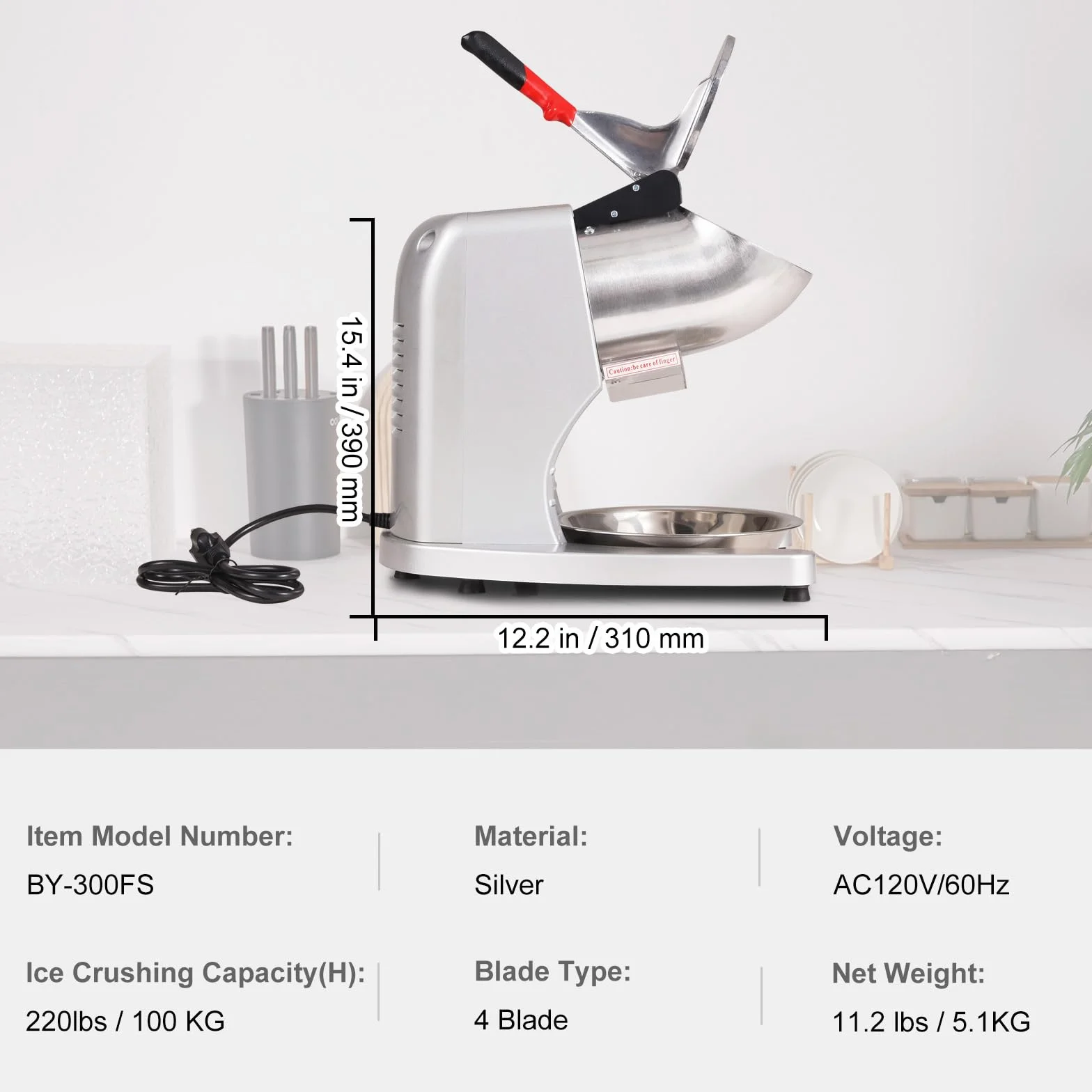 VEVOR Máquina para Picar Hielo Eléctrica 100 kg/h Picadora de Hielo Comercial 300 W Cabezal de Acero Inoxidable 4 Cuchillas