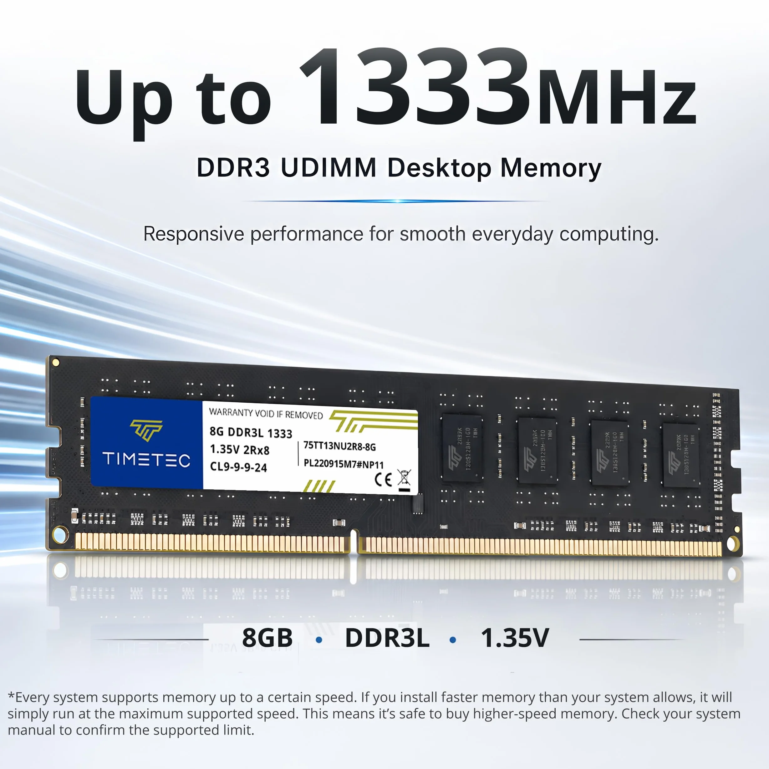 Timetec 8GB DDR3 / DDR3L 1333MHz PC3-10600 Non-ECC Unbuffered 1.5V / 1.35V CL9 2Rx8 Dual Rank 240 Pin UDIMM Memoria RAM Módulo para Actualizacion para PC Computadora de Escritorio