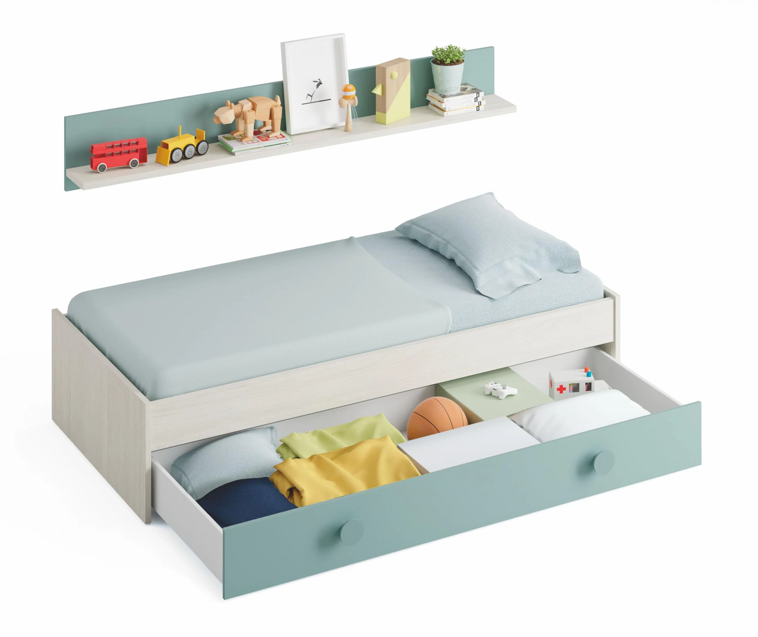 Habitdesign Cama Nido Juvenil Kendra, Conjunto 2 Camas + Estante de Pared, Dormitorio Infantil para Niños, Color Blanco Alpes y Verde Acqua, Medidas: 201x43x98 cm