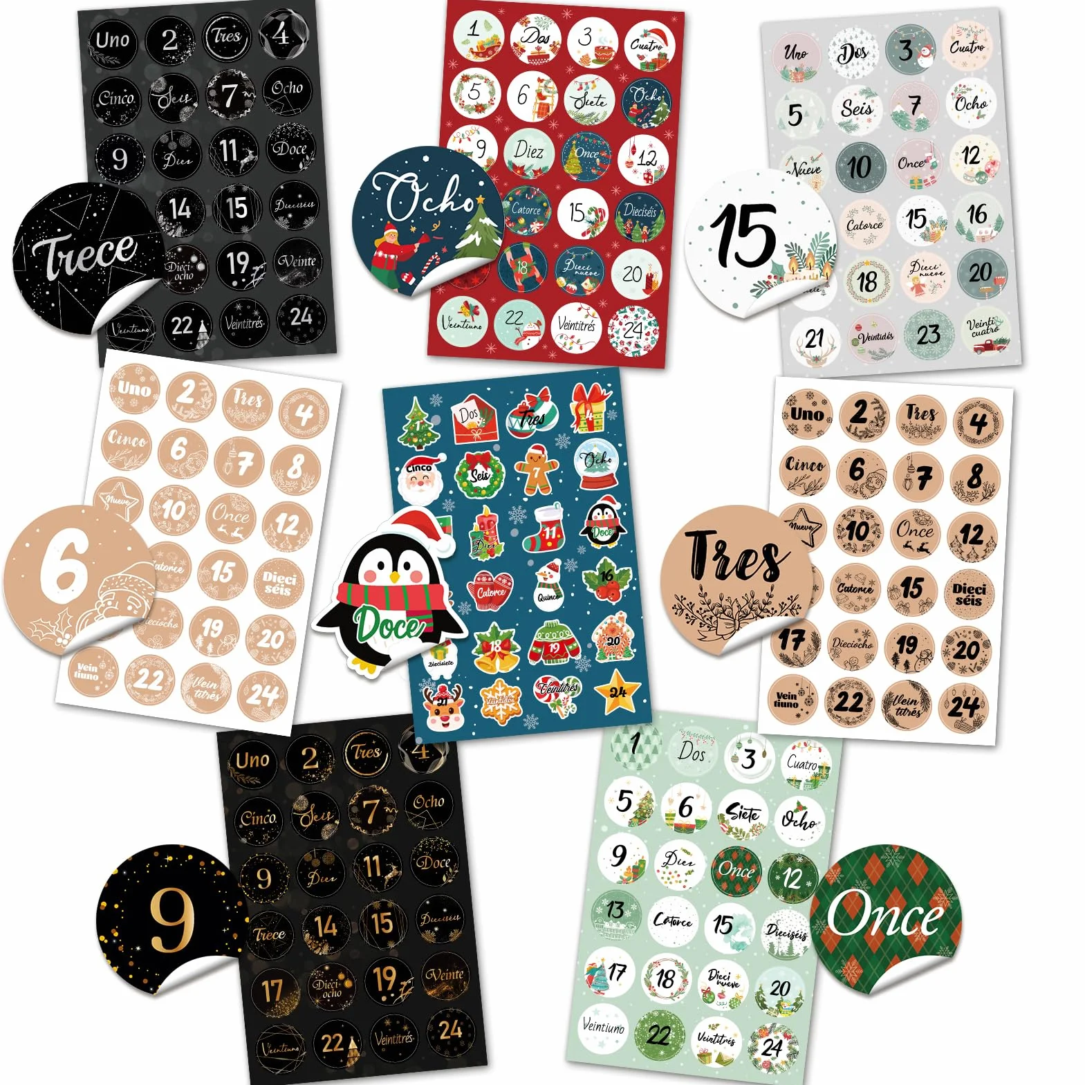 Calendario de Adviento Pegatinas 1-24 Números Autoadhesivas Navidad Decoración