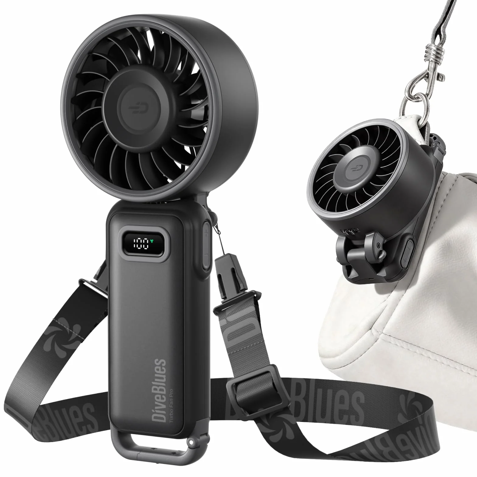 Diveblues - Ventilador Portátil de Mano Plegable con Batería - para Mano, Escritorio y Cuello - 100 Velocidades Ajustables y hasta 12h de Autonomía - Ideal para Viajar, Playa, Camping y Oficina