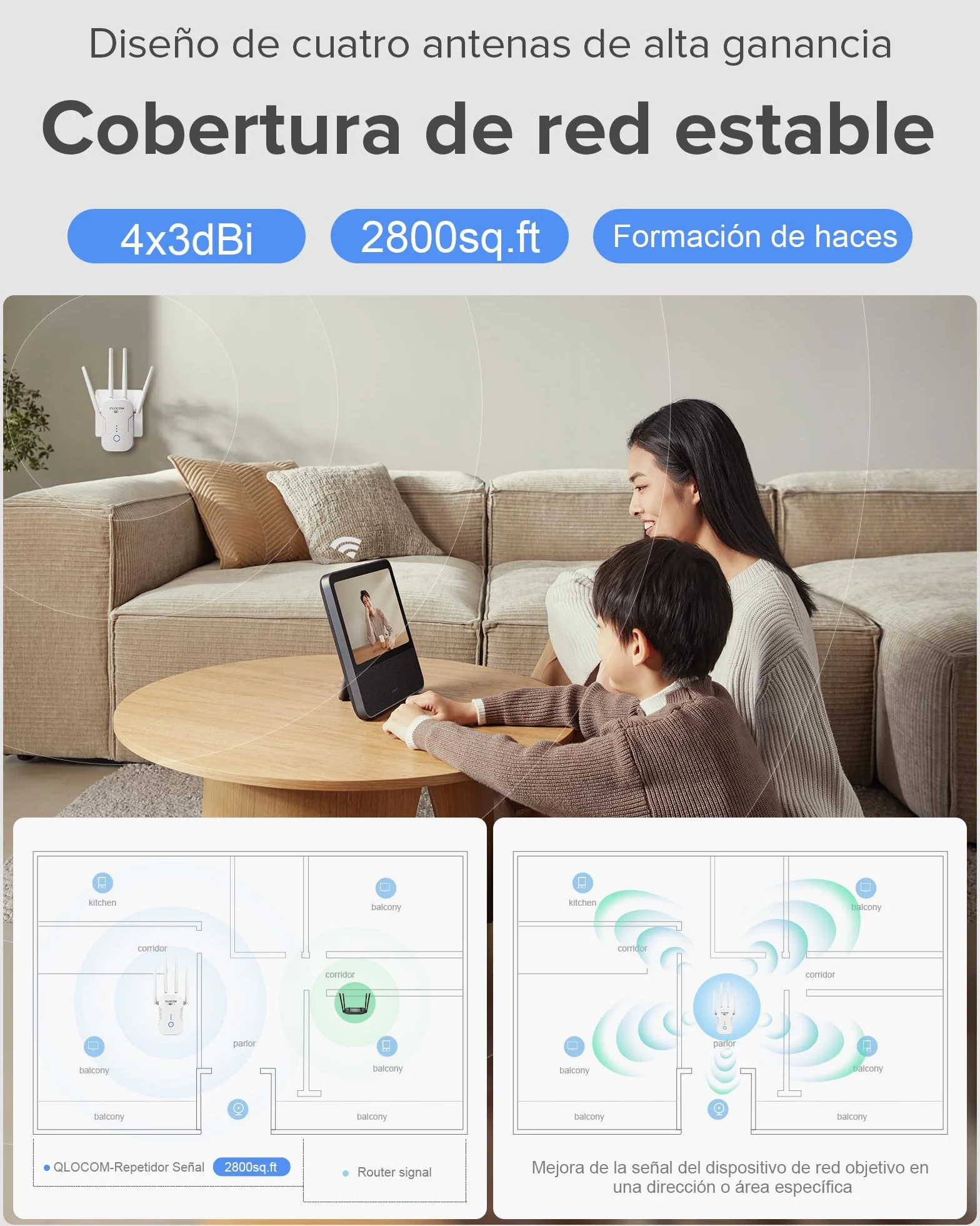 2026 Nuevo Amplificador Señal WiFi 1200Mbps Repetidor WiFi, Doble Banda 5GHz y 2.4GHz Extensor WiFi con WPS, WiFi Booster Compatible con Todos los Routers