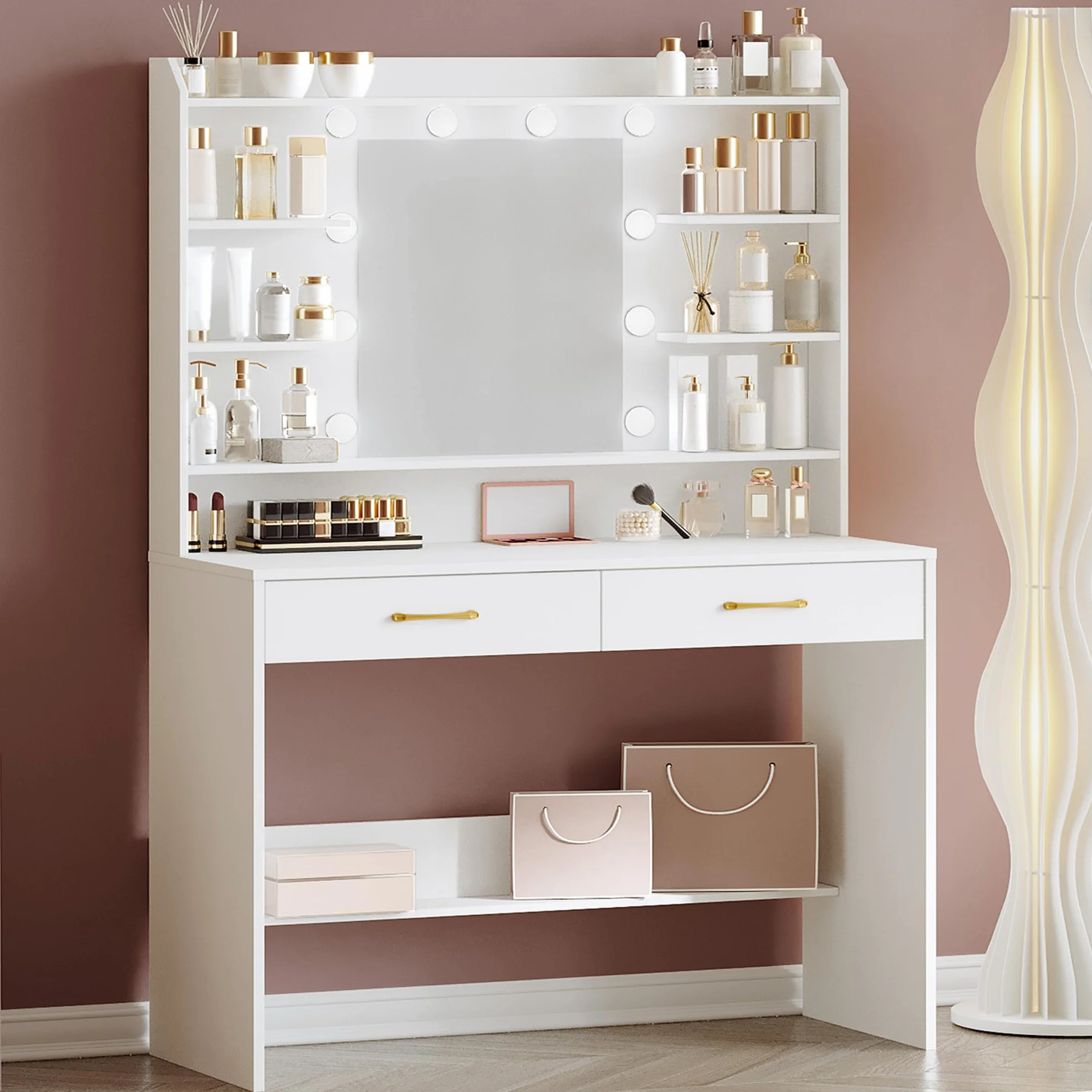 Hzuaneri Tocador de Maquillaje, con Espejo y luz LED, Estilo Moderno, Estación de Maquillaje con Estantes Abiertos y 2 Cajones, para Dormitorio, Salón, 40 x 100 x 149 cm, Blanco DT38703X
