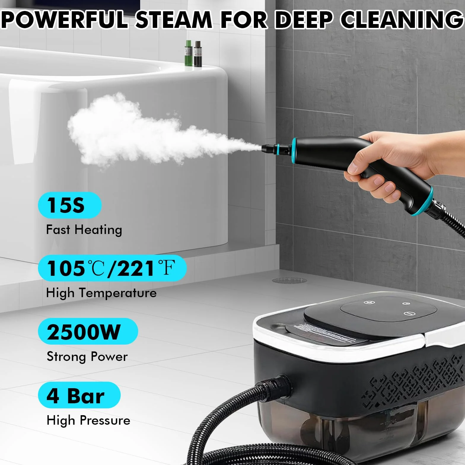 Limpiador de vapor 2500W 4 bares 1.25L alta presión multiusos con juego para suelos