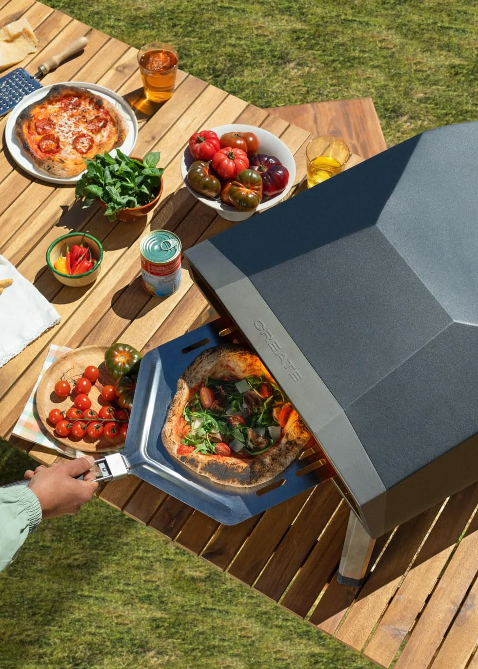 Horno de gas para pizzas portátil 12" Acero inoxidable y piedra patas plegables Flame-Out 500°C 30cm