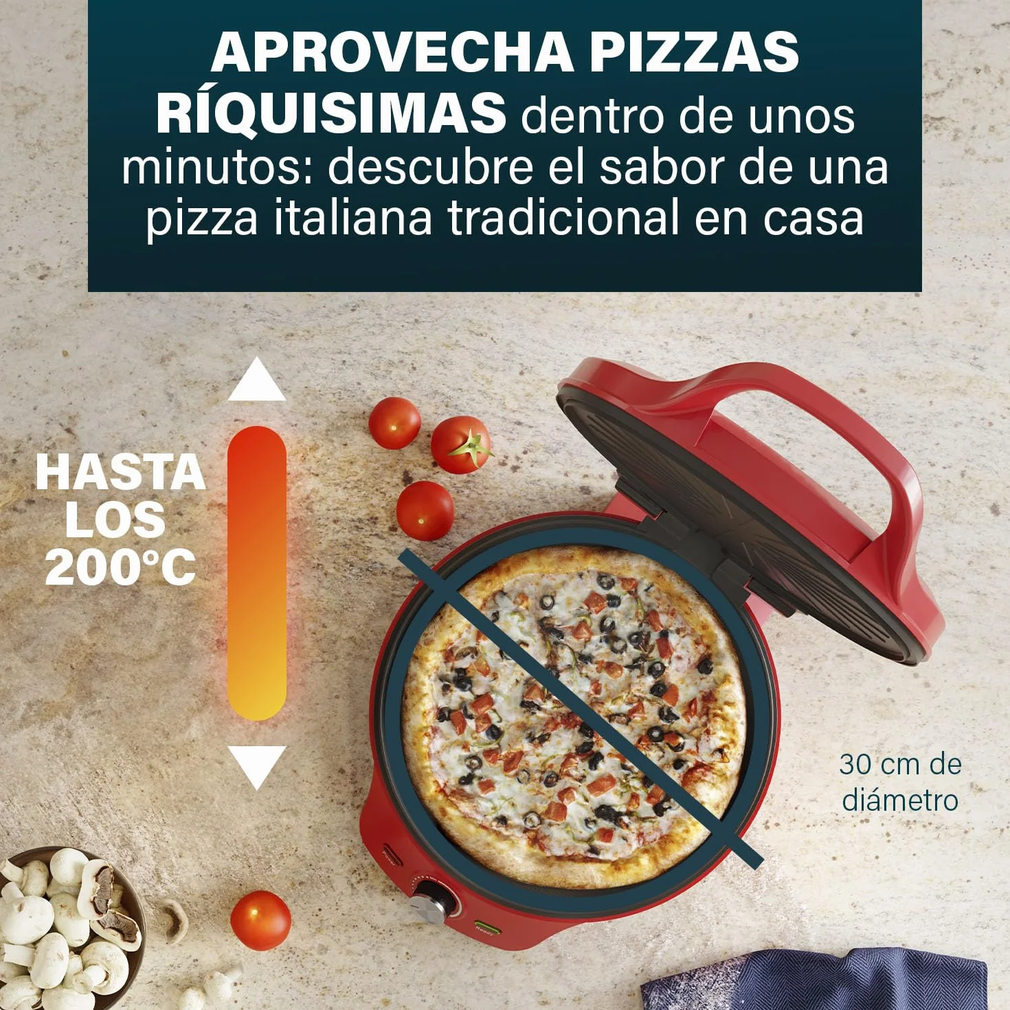 Princess Pizza Maker Ø 32 cm Termostato regulable Función grill 200°C
