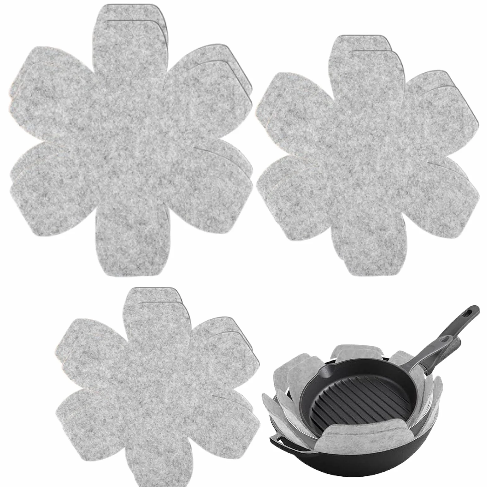 3 Piezas Protector de ollas y sartenes, Protector apilable, 3 tamaños de Fieltro Diferentes, Alfombrilla Aislante Antideslizante Ajustable para ollas y sartenes para protegerlas de arañazos