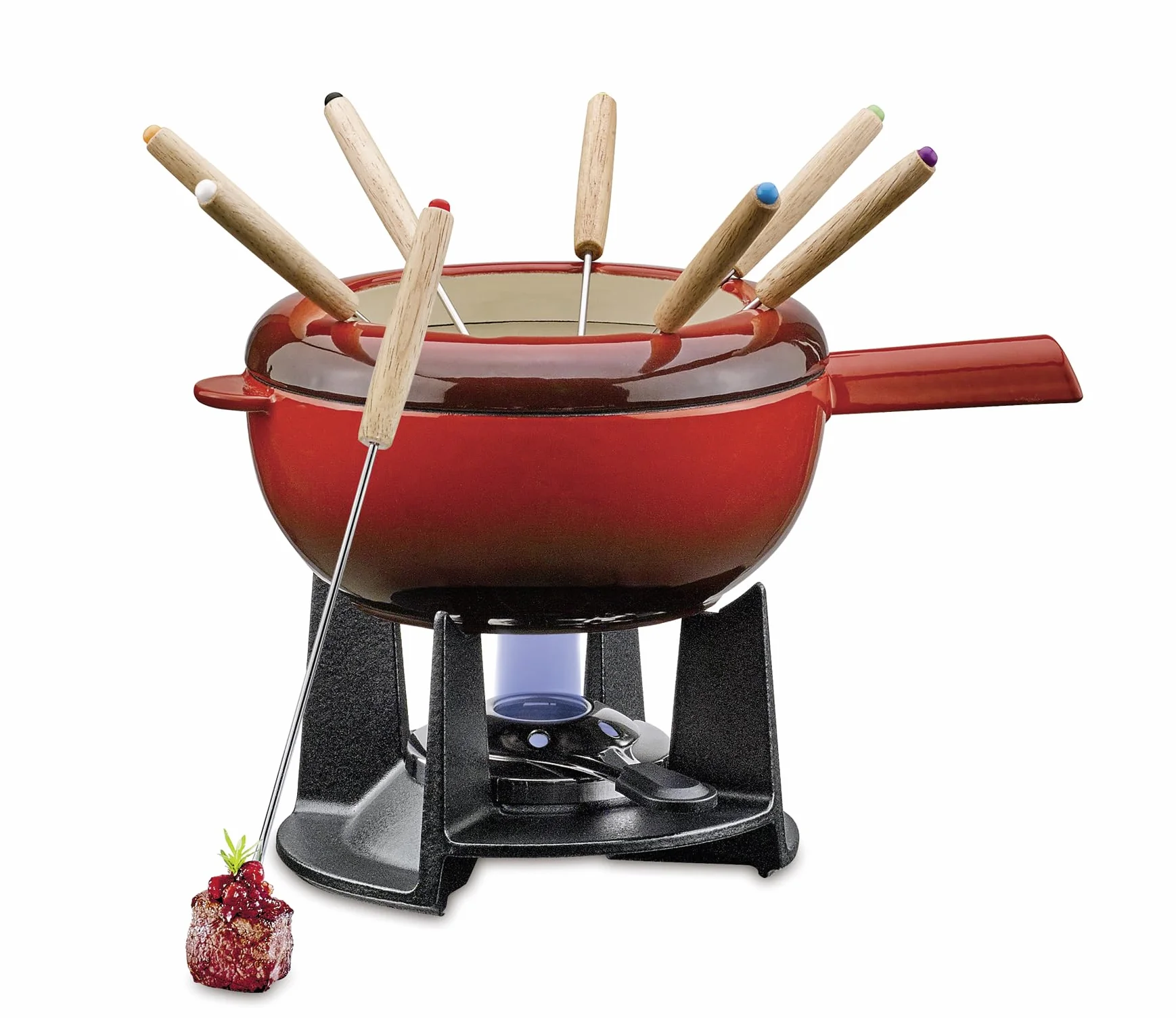 Spring Juego de fondue de hierro fundido rojo, 20 cm de diámetro, con 8 tenedores de fondue y protección contra salpicaduras, para fondue de queso, fondue de carne, quemador de refugio