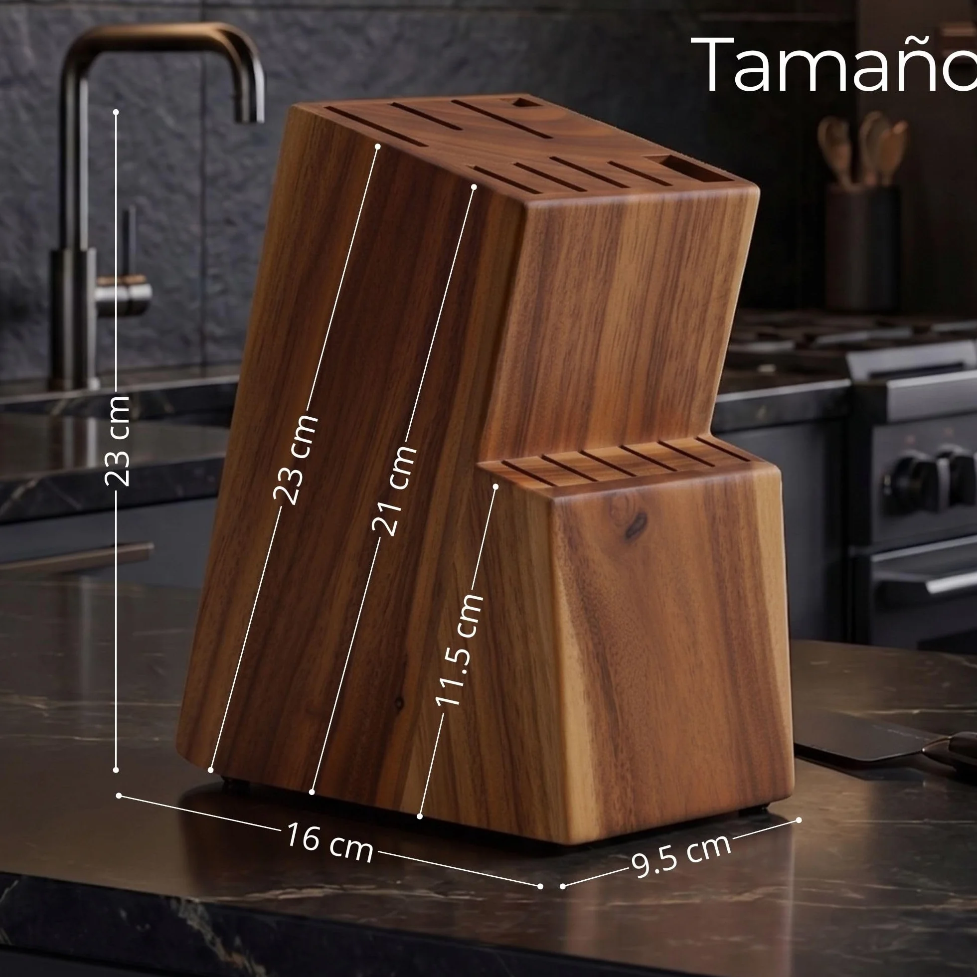 Porta cuchillos cocina universal 15 piezas madera maciza Acacia robusta con soporte para tijera